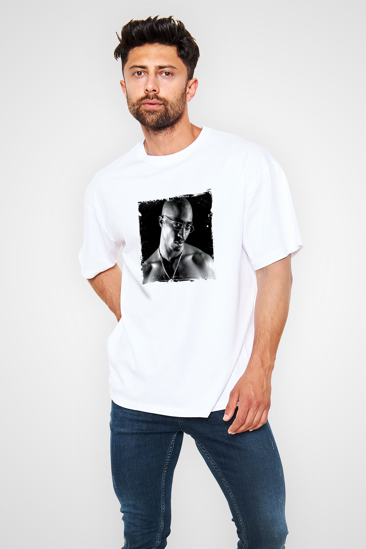 Tupac Baskılı Oversize Beyaz Tişört