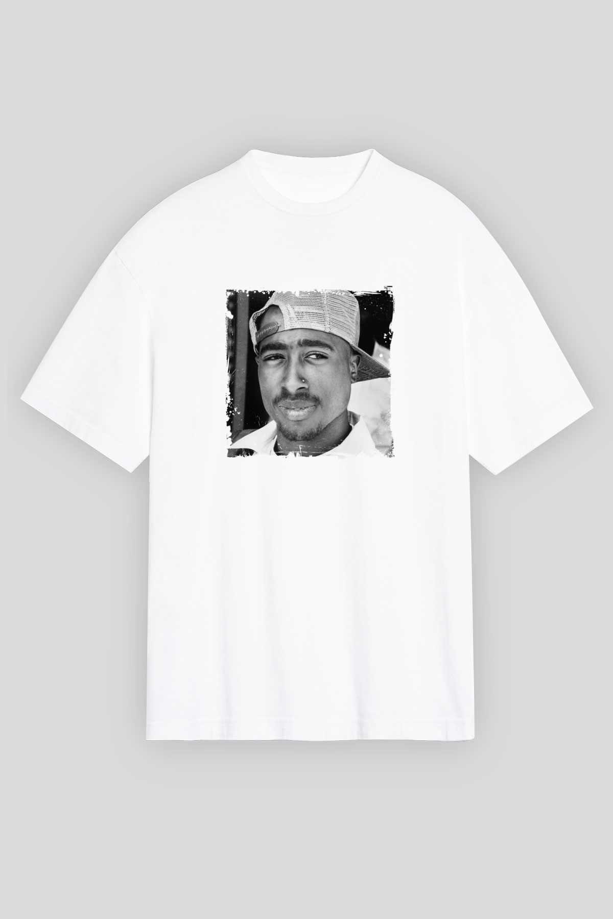 Tupac Baskılı Oversize Beyaz Tişört