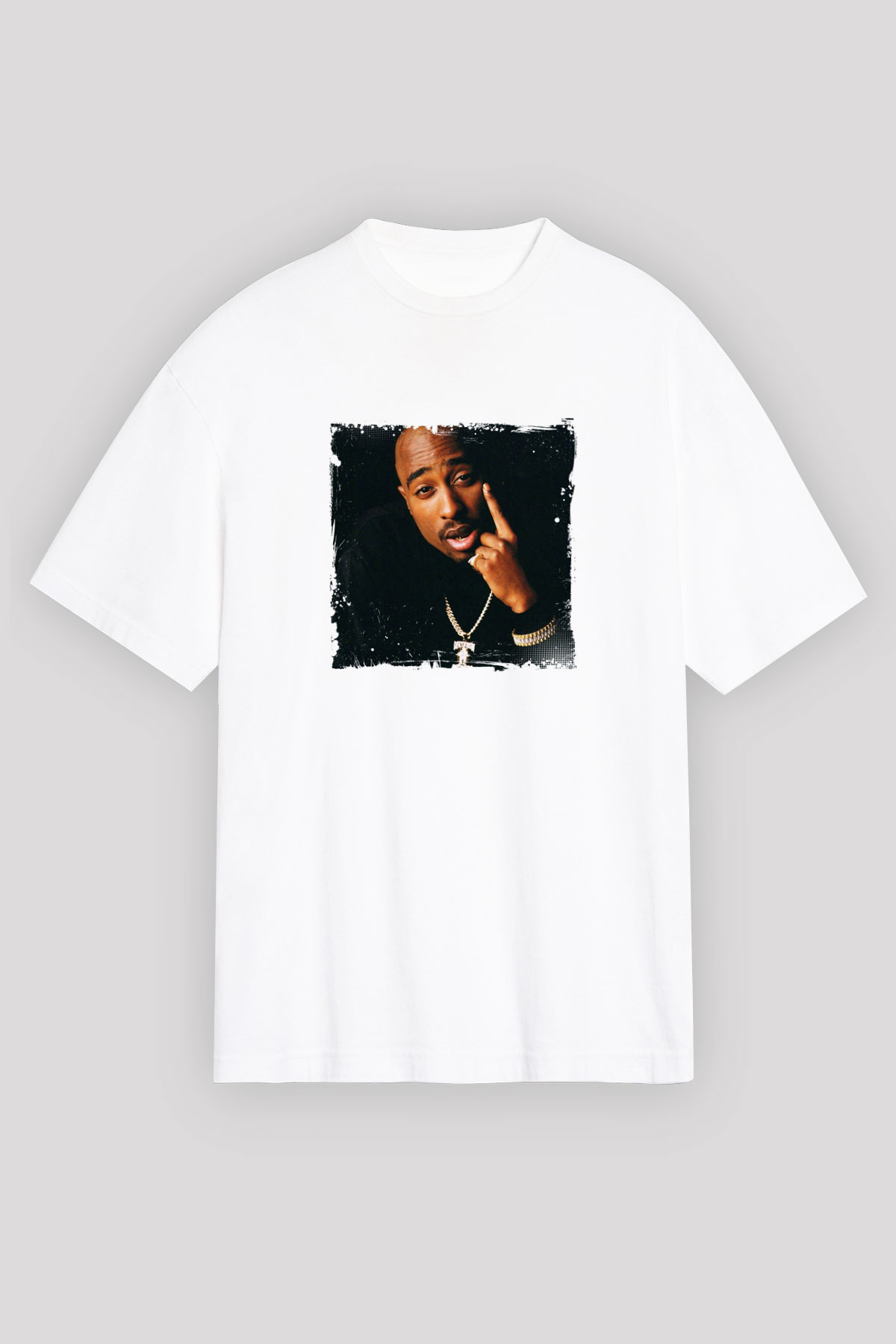 Tupac Baskılı Oversize Beyaz Tişört