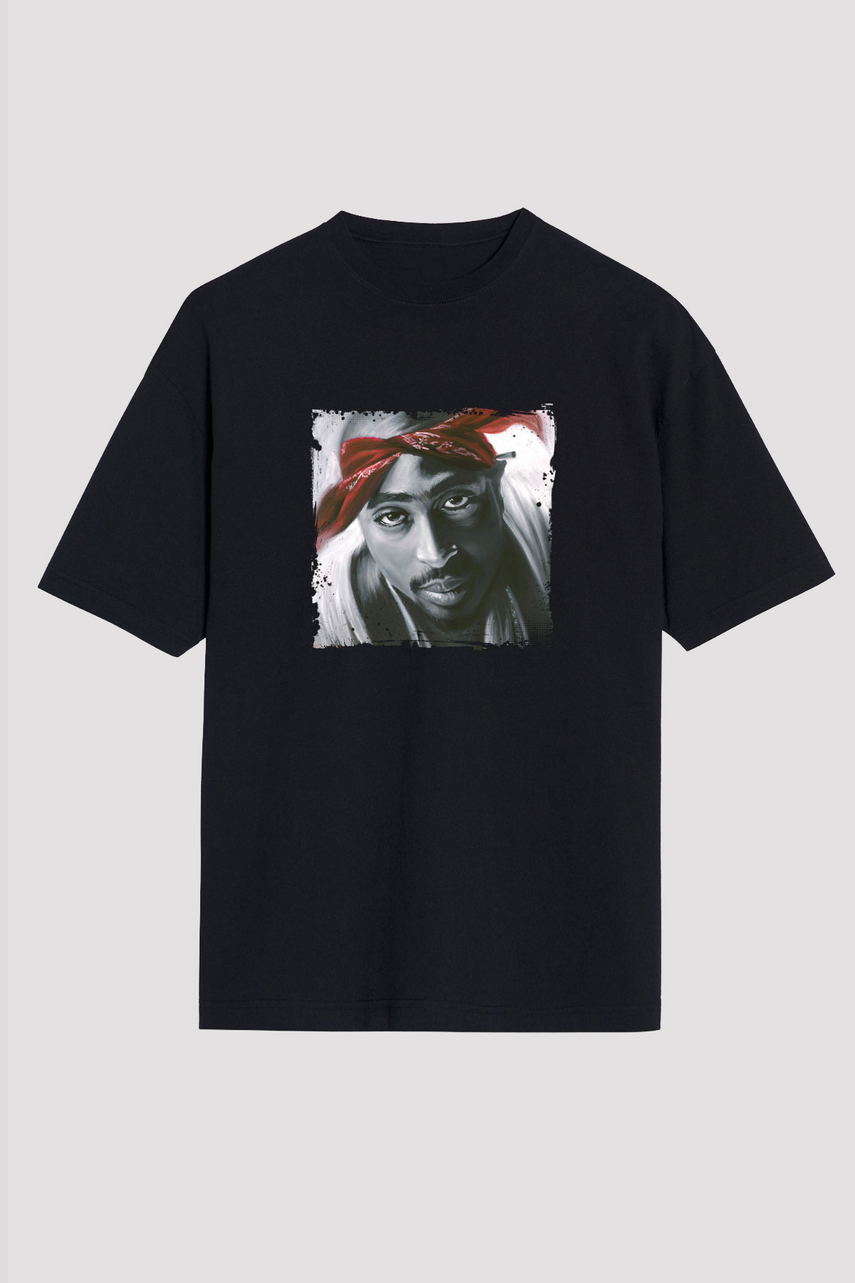 Tupac Baskılı Unisex Oversize Siyah Tişört