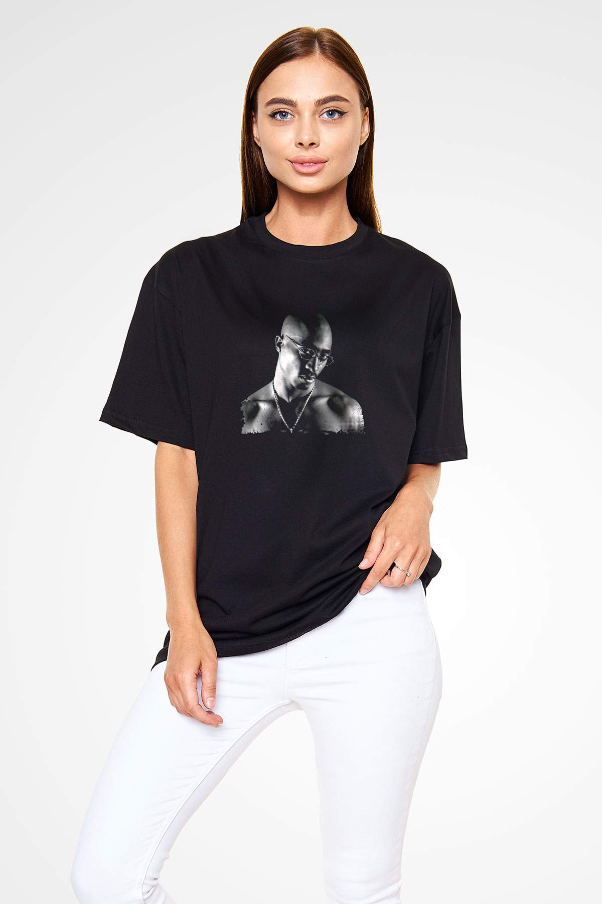 Tupac Baskılı Unisex Oversize Siyah Tişört