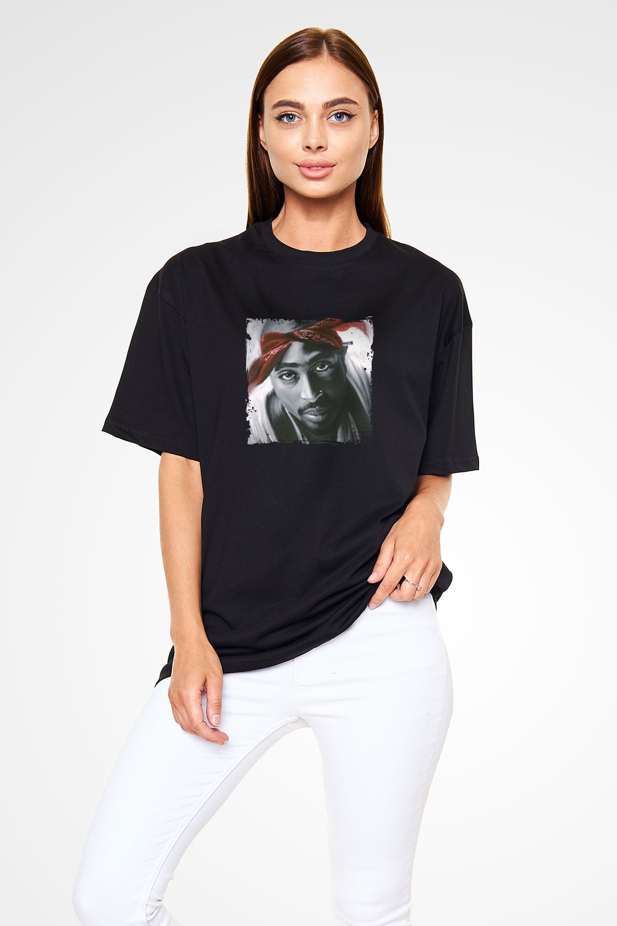 Tupac Baskılı Unisex Oversize Siyah Tişört