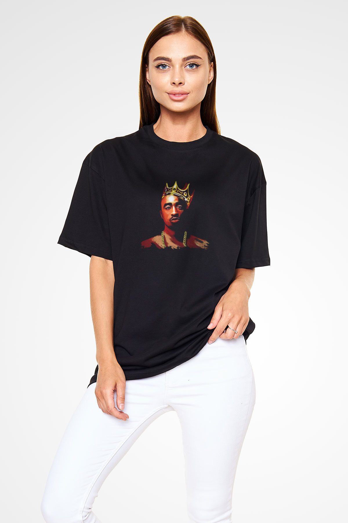 Tupac Baskılı Unisex Oversize Siyah Tişört