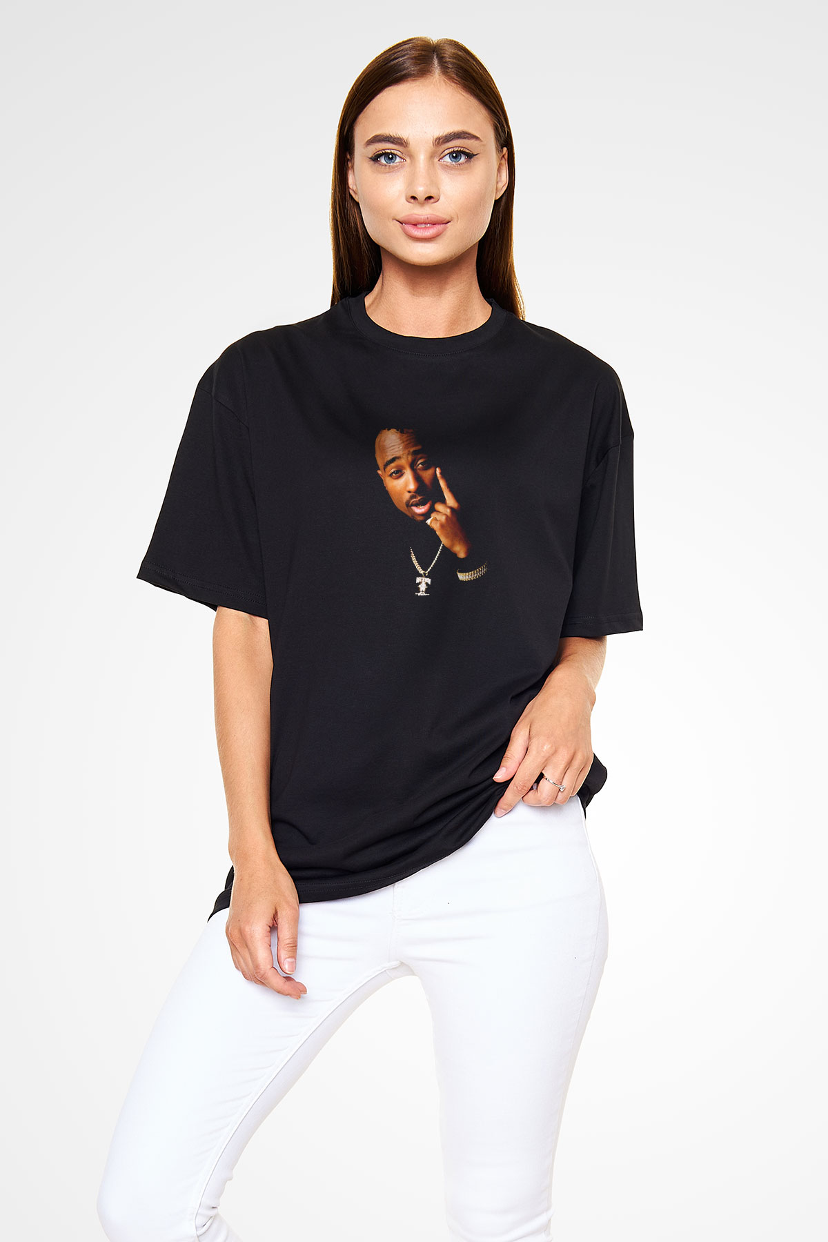 Tupac Baskılı Unisex Oversize Siyah Tişört