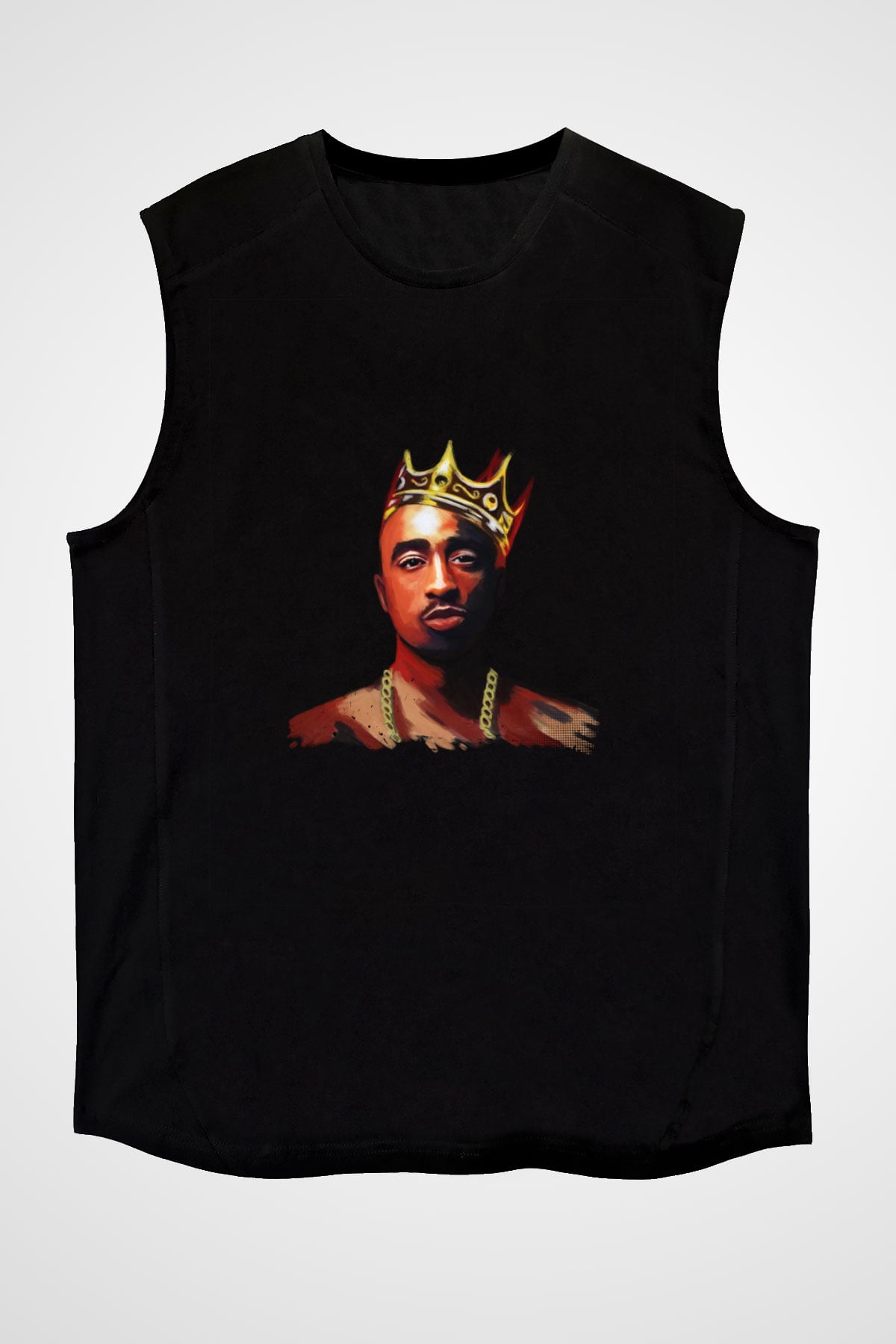 Tupac Baskılı Unisex Siyah Kolsuz Tişört