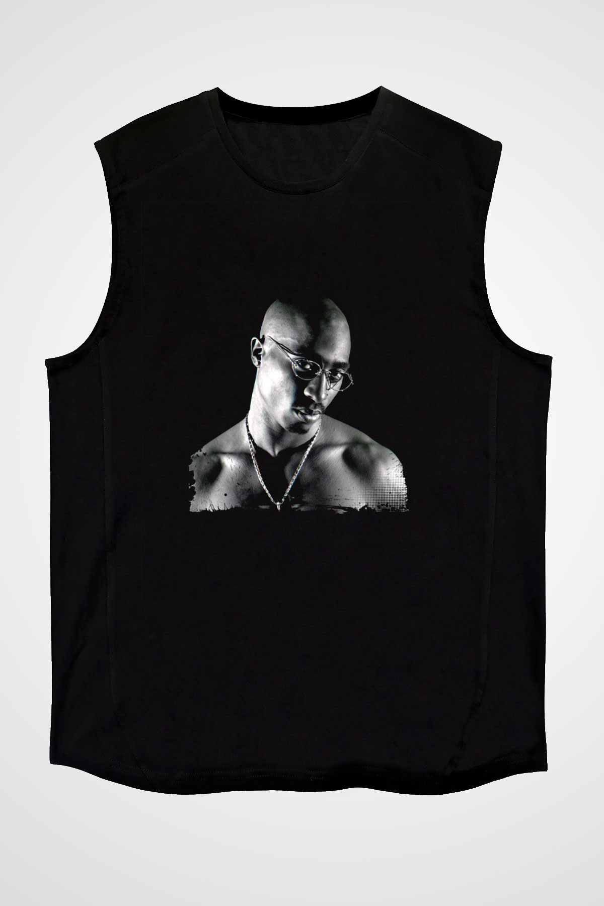 Tupac Baskılı Unisex Siyah Kolsuz Tişört