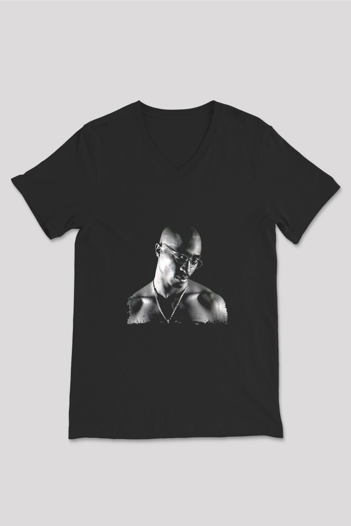 Tupac Baskılı Unisex Siyah V Yaka Tişört