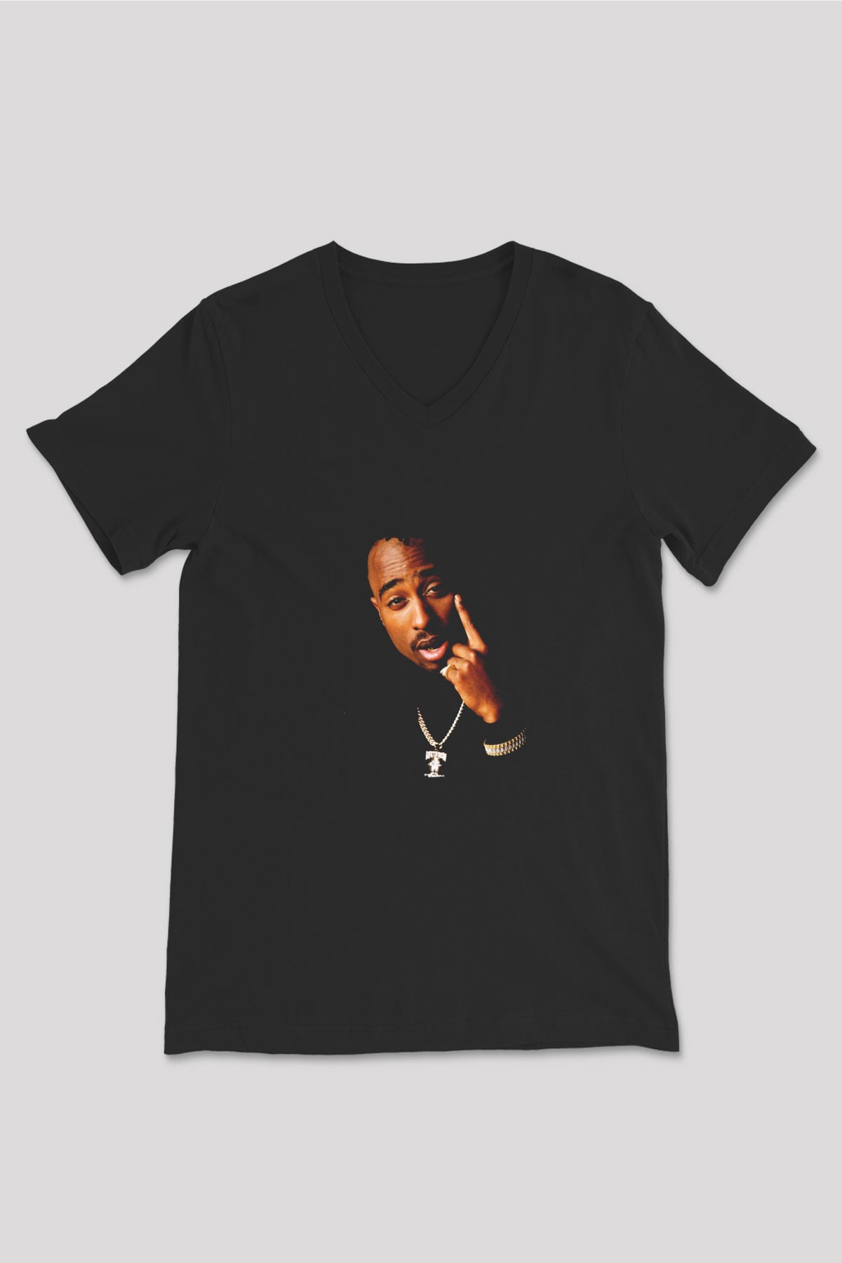 Tupac Baskılı Unisex Siyah V Yaka Tişört