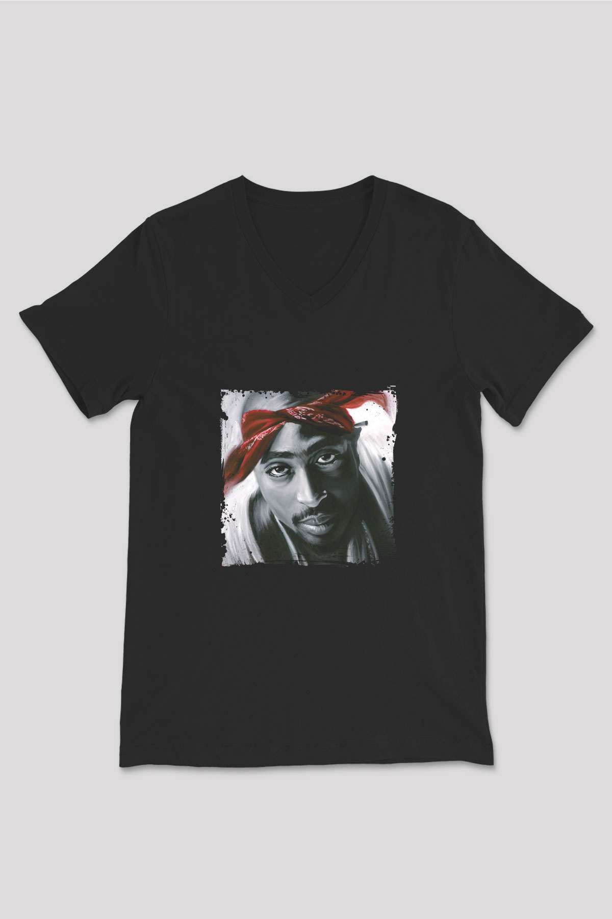 Tupac Baskılı Unisex Siyah V Yaka Tişört