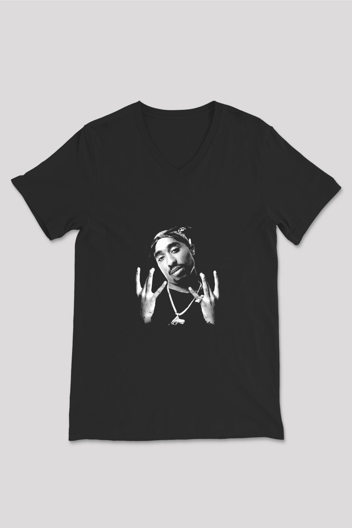 Tupac Baskılı Unisex Siyah V Yaka Tişört