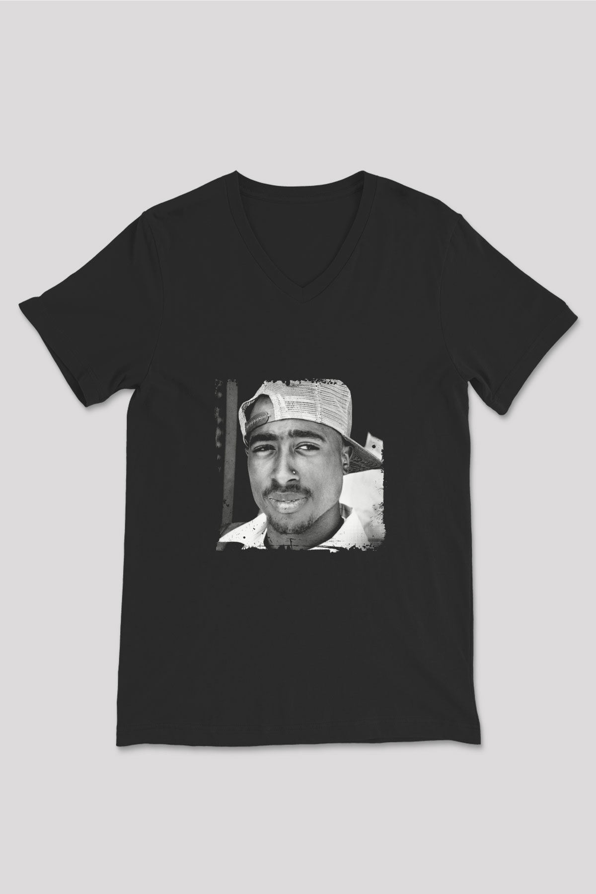 Tupac Baskılı Unisex Siyah V Yaka Tişört