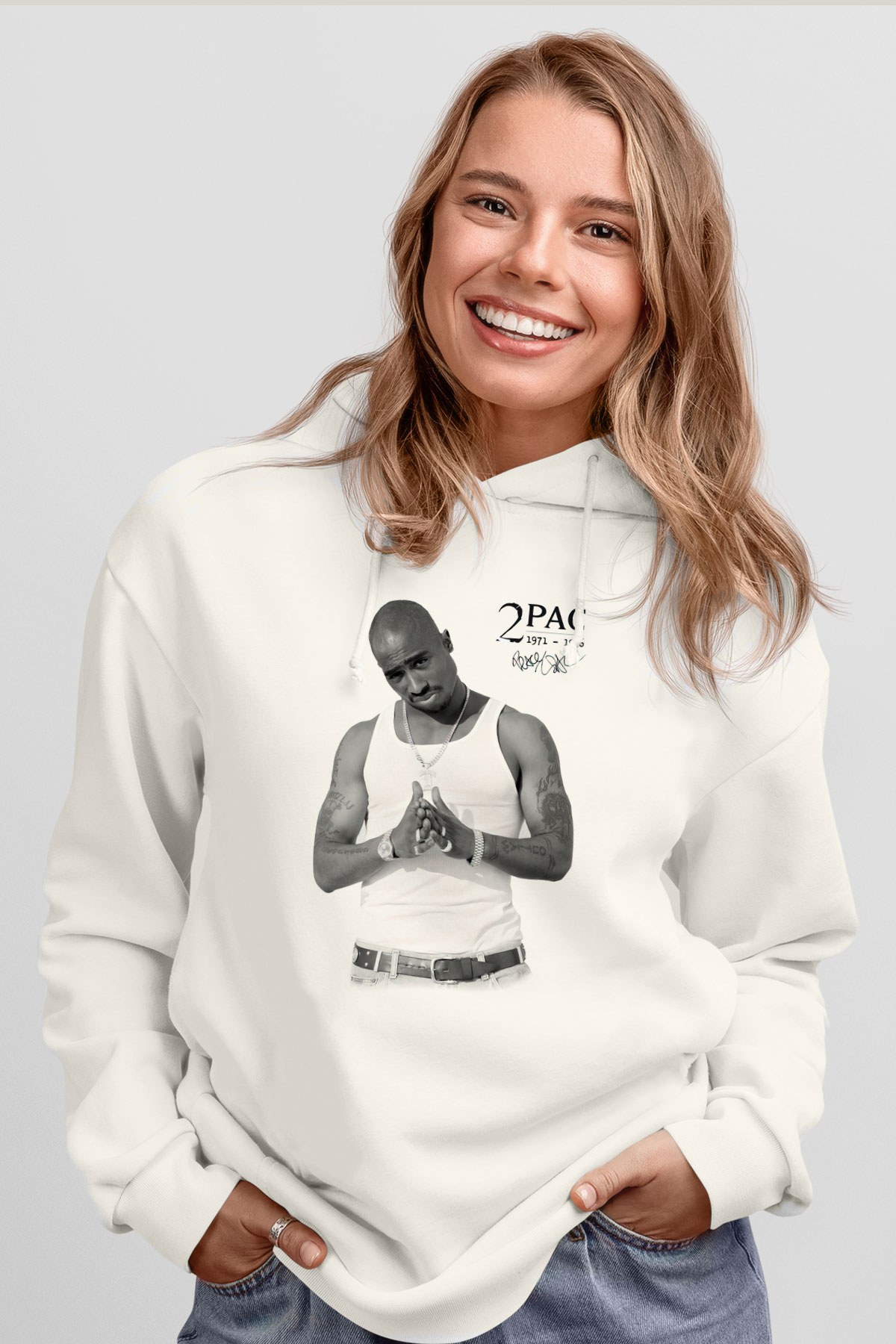 Tupac Shakur Beyaz Unisex Kapşonlu Sweatshirt