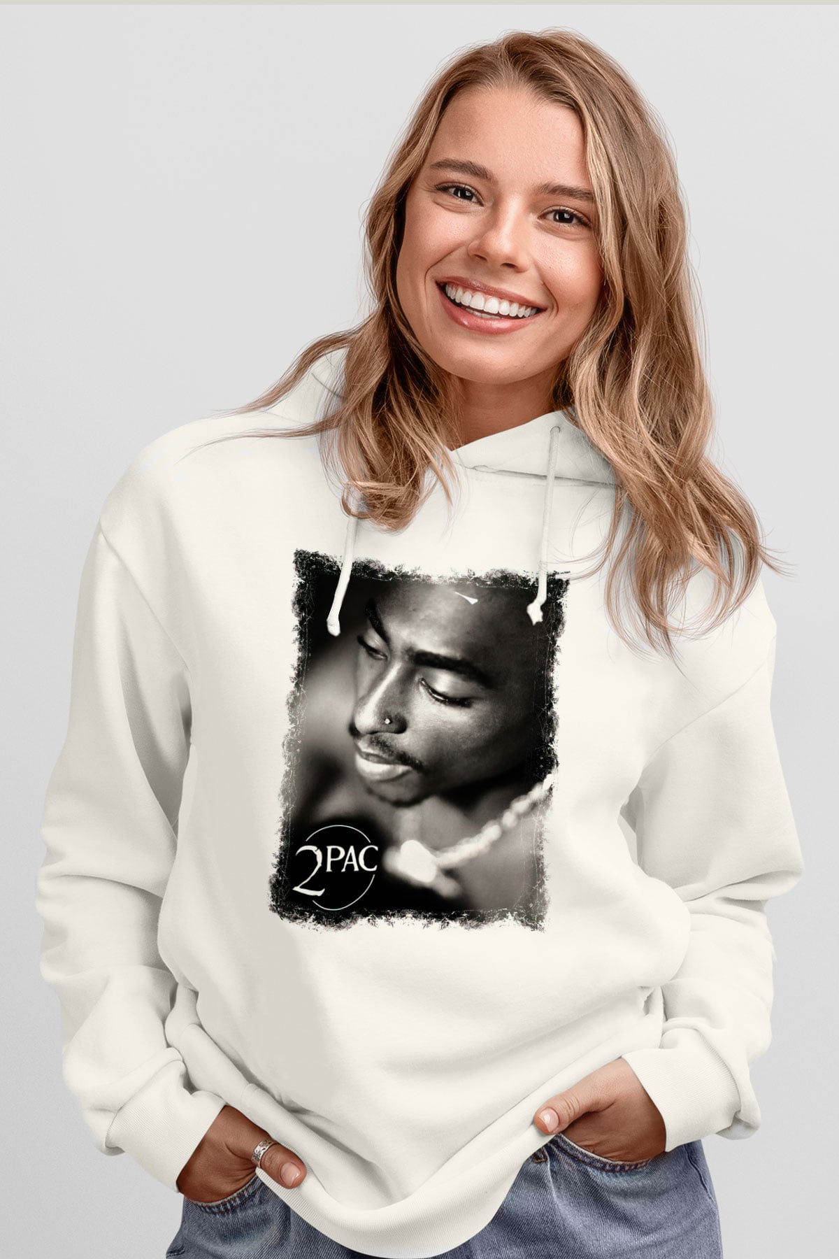 Tupac Shakur Beyaz Unisex Kapşonlu Sweatshirt