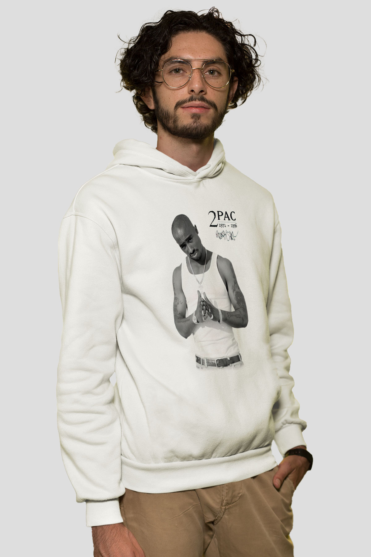 Tupac Shakur Beyaz Unisex Kapşonlu Sweatshirt