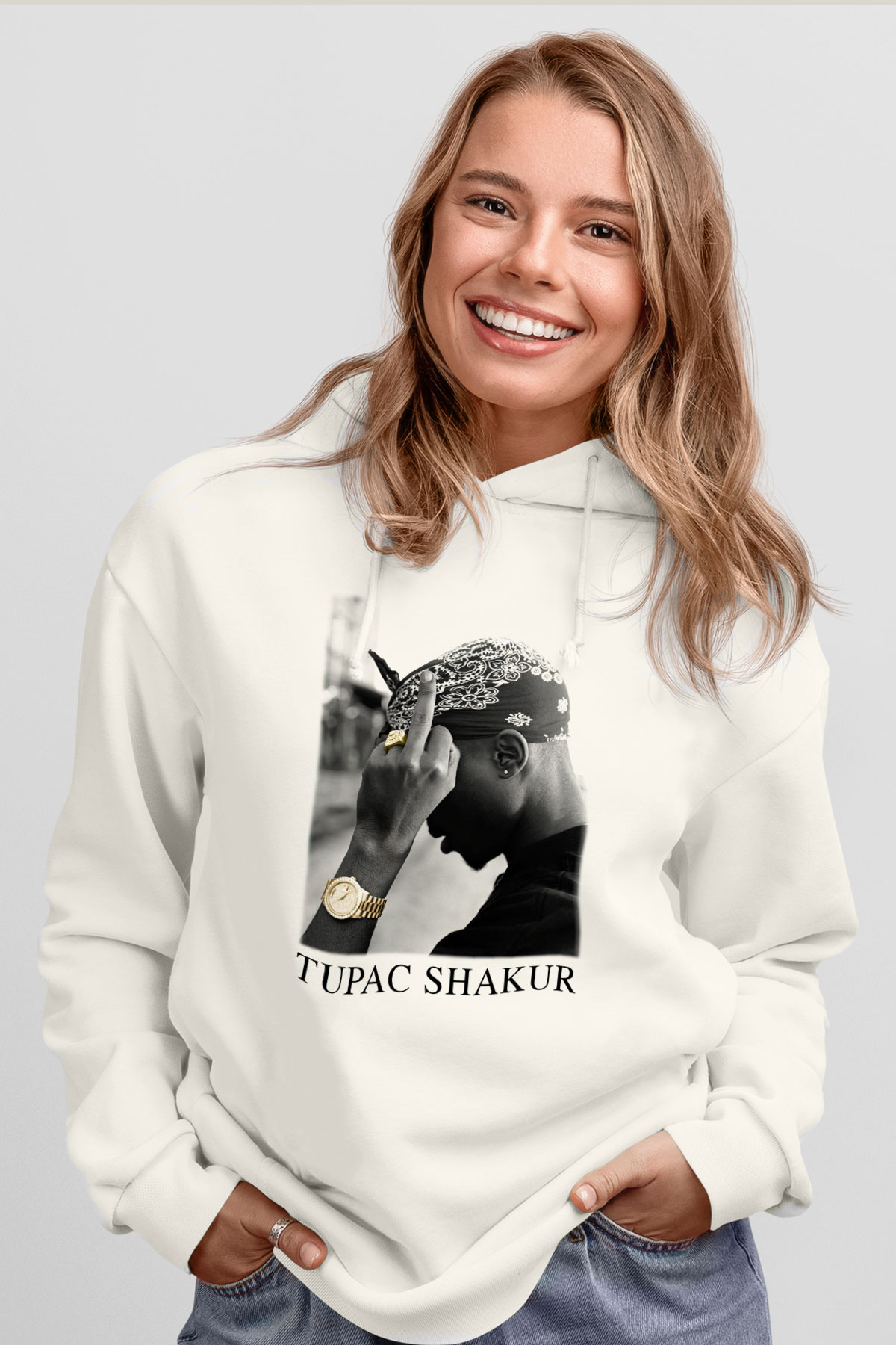 Tupac Shakur Beyaz Unisex Kapşonlu Sweatshirt