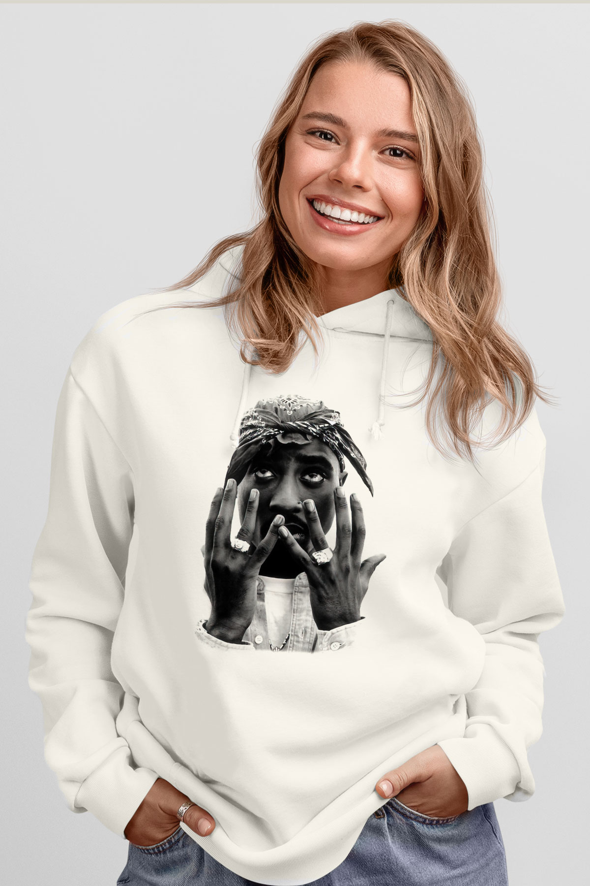 Tupac Shakur Beyaz Unisex Kapşonlu Sweatshirt