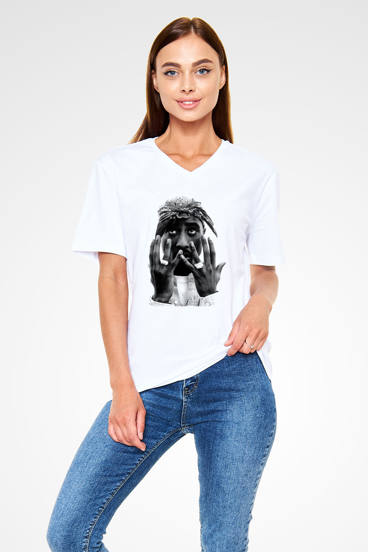 Tupac Shakur Beyaz Unisex V Yaka Tişört T-Shirt