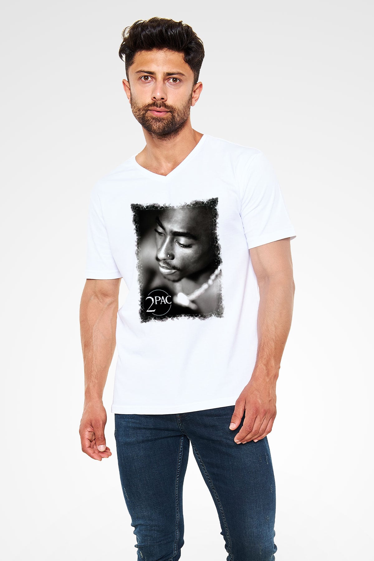 Tupac Shakur Beyaz Unisex V Yaka Tişört T-Shirt