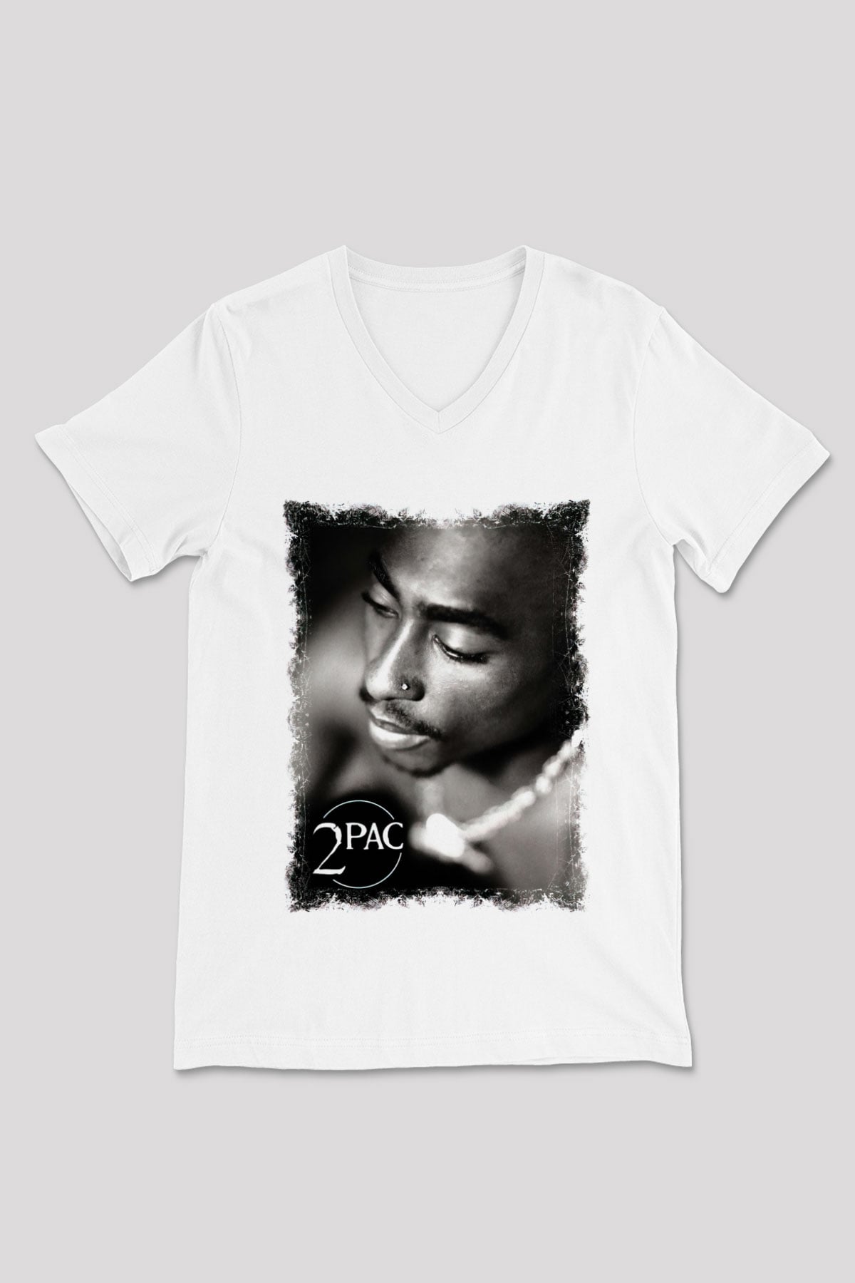 Tupac Shakur Beyaz Unisex V Yaka Tişört T-Shirt