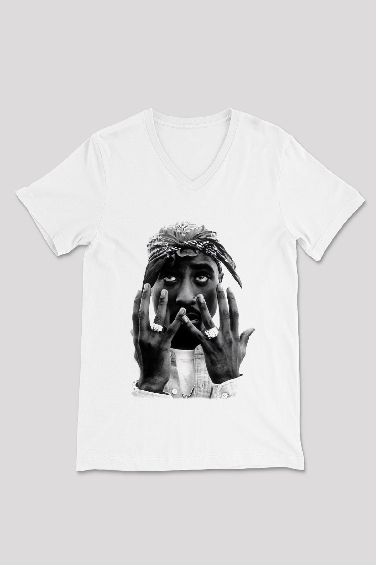 Tupac Shakur Beyaz Unisex V Yaka Tişört T-Shirt
