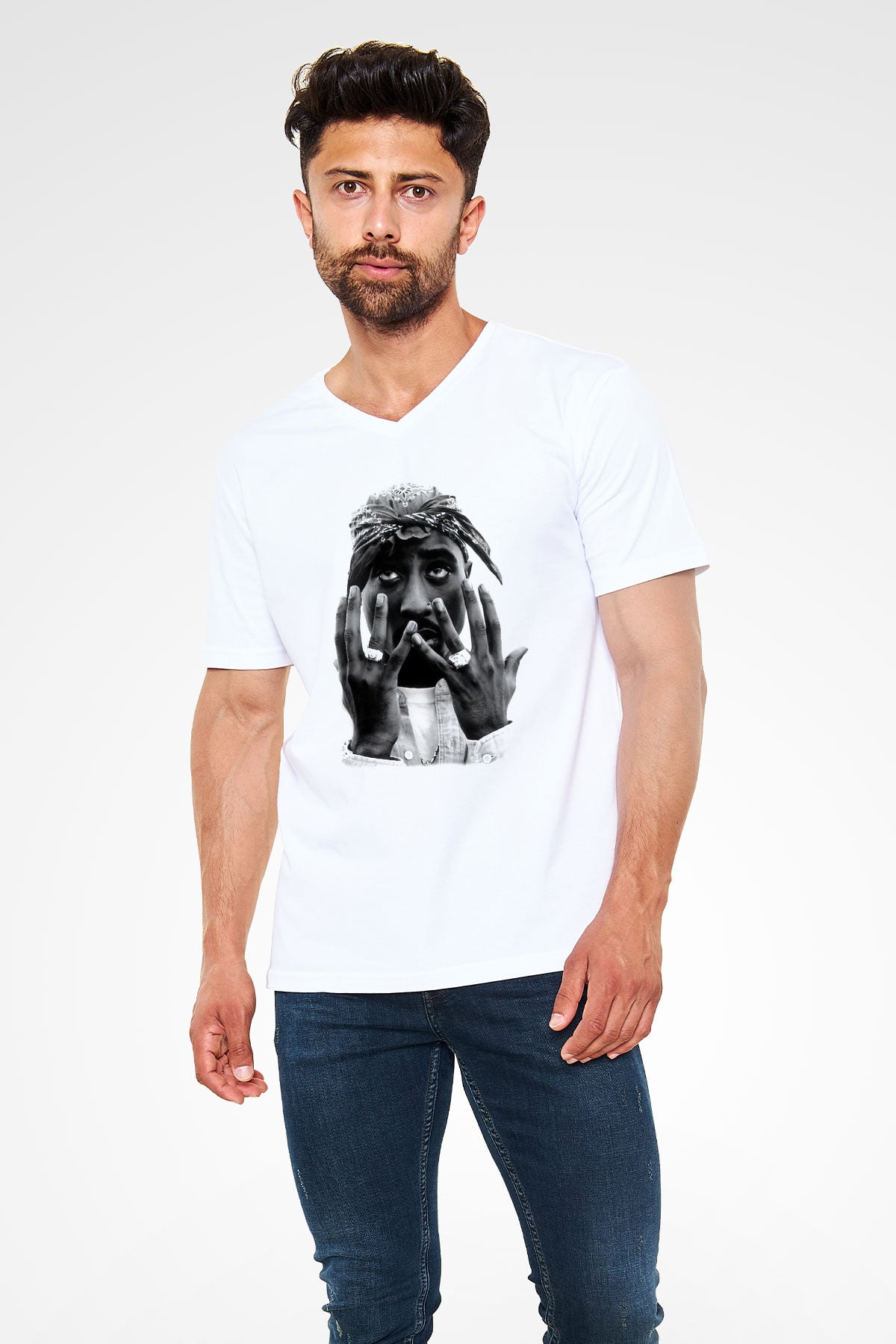 Tupac Shakur Beyaz Unisex V Yaka Tişört T-Shirt