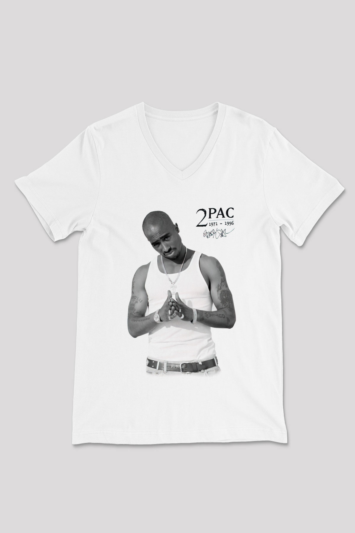 Tupac Shakur Beyaz Unisex V Yaka Tişört T-Shirt