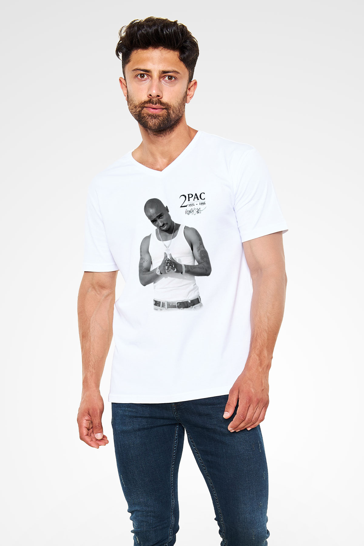 Tupac Shakur Beyaz Unisex V Yaka Tişört T-Shirt