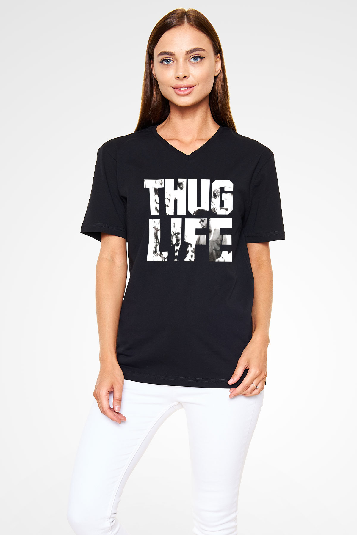 Tupac Shakur Siyah Unisex V Yaka Tişört T-Shirt