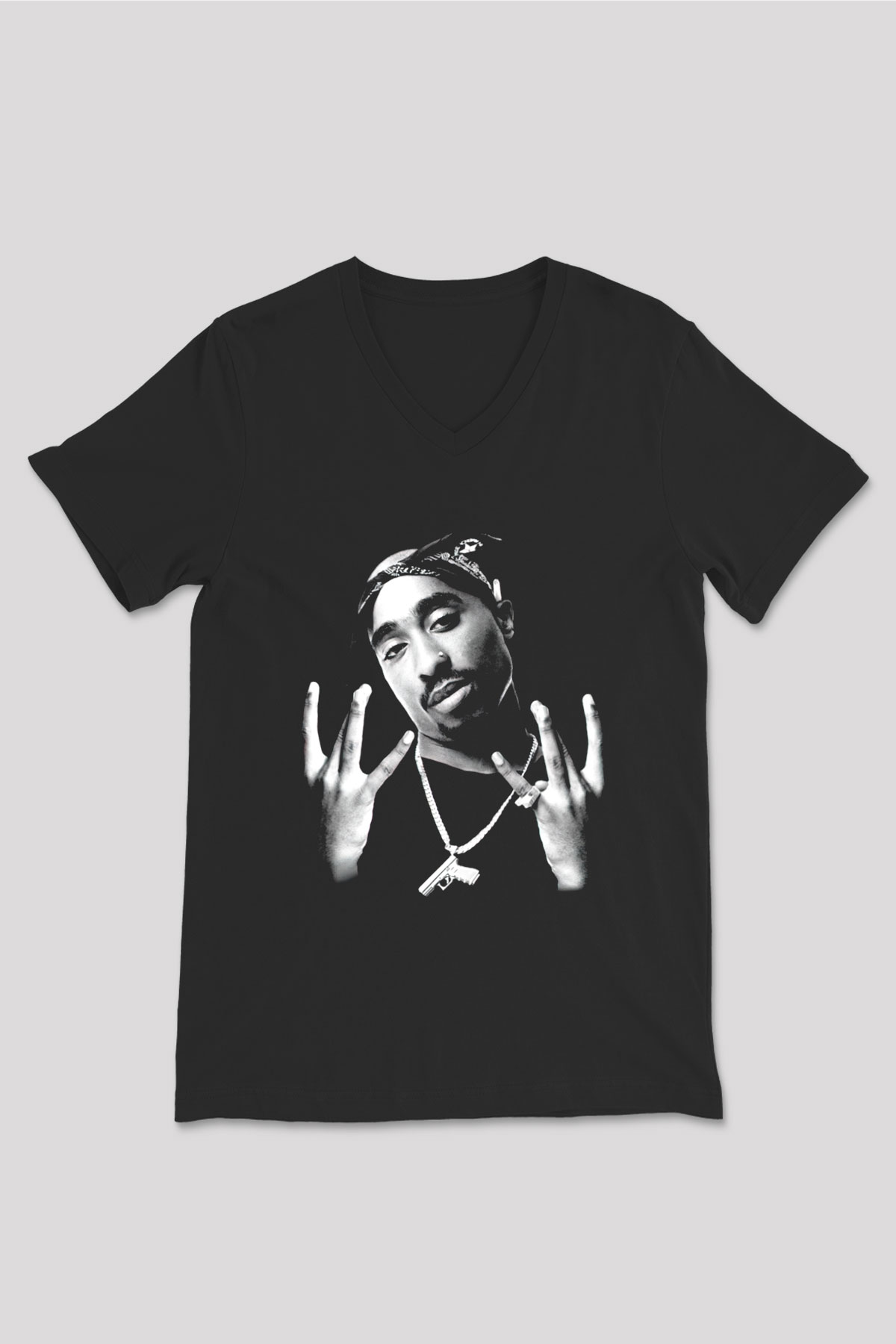 Tupac Shakur Siyah Unisex V Yaka Tişört T-Shirt