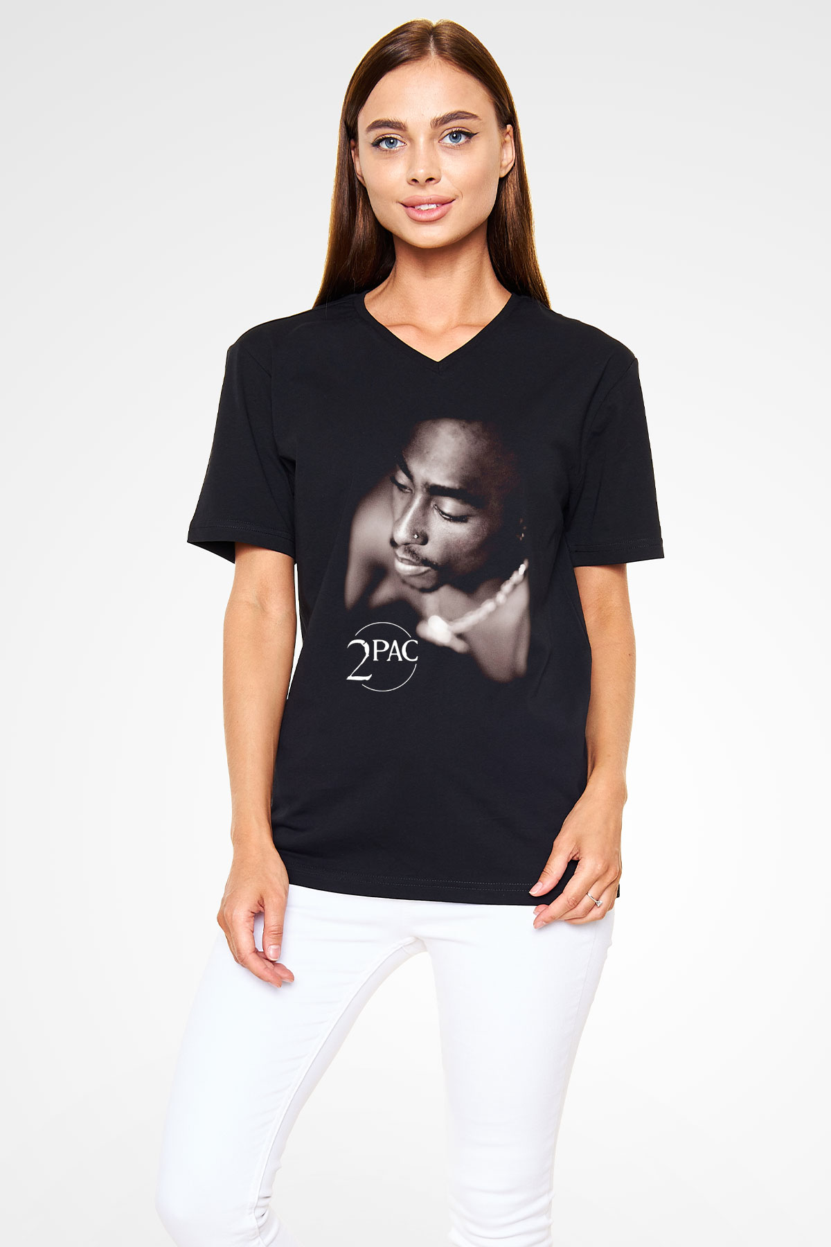 Tupac Shakur Siyah Unisex V Yaka Tişört T-Shirt