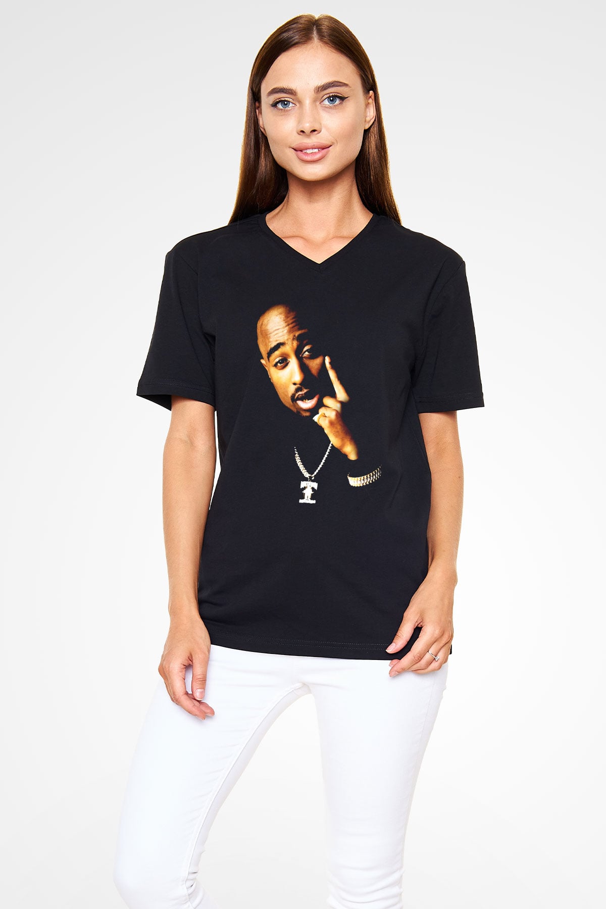 Tupac Shakur Siyah Unisex V Yaka Tişört T-Shirt