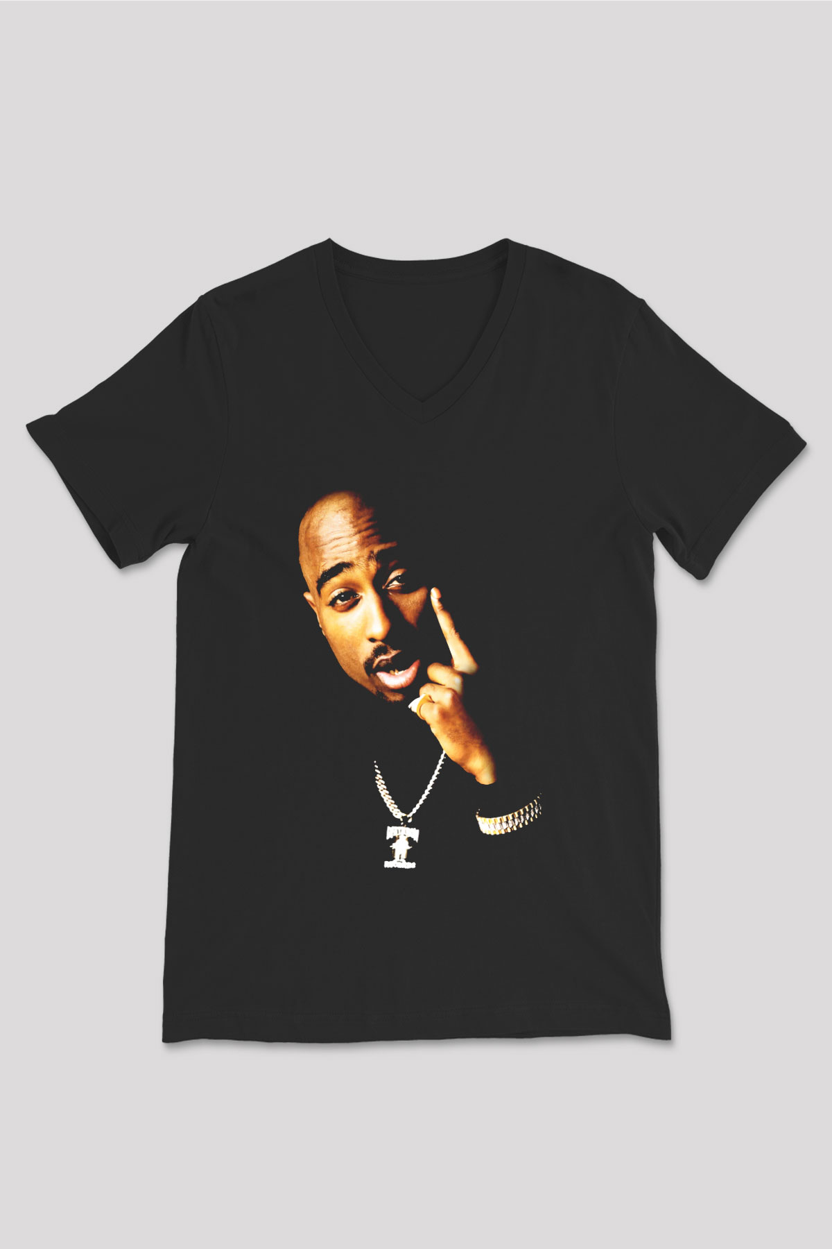 Tupac Shakur Siyah Unisex V Yaka Tişört T-Shirt