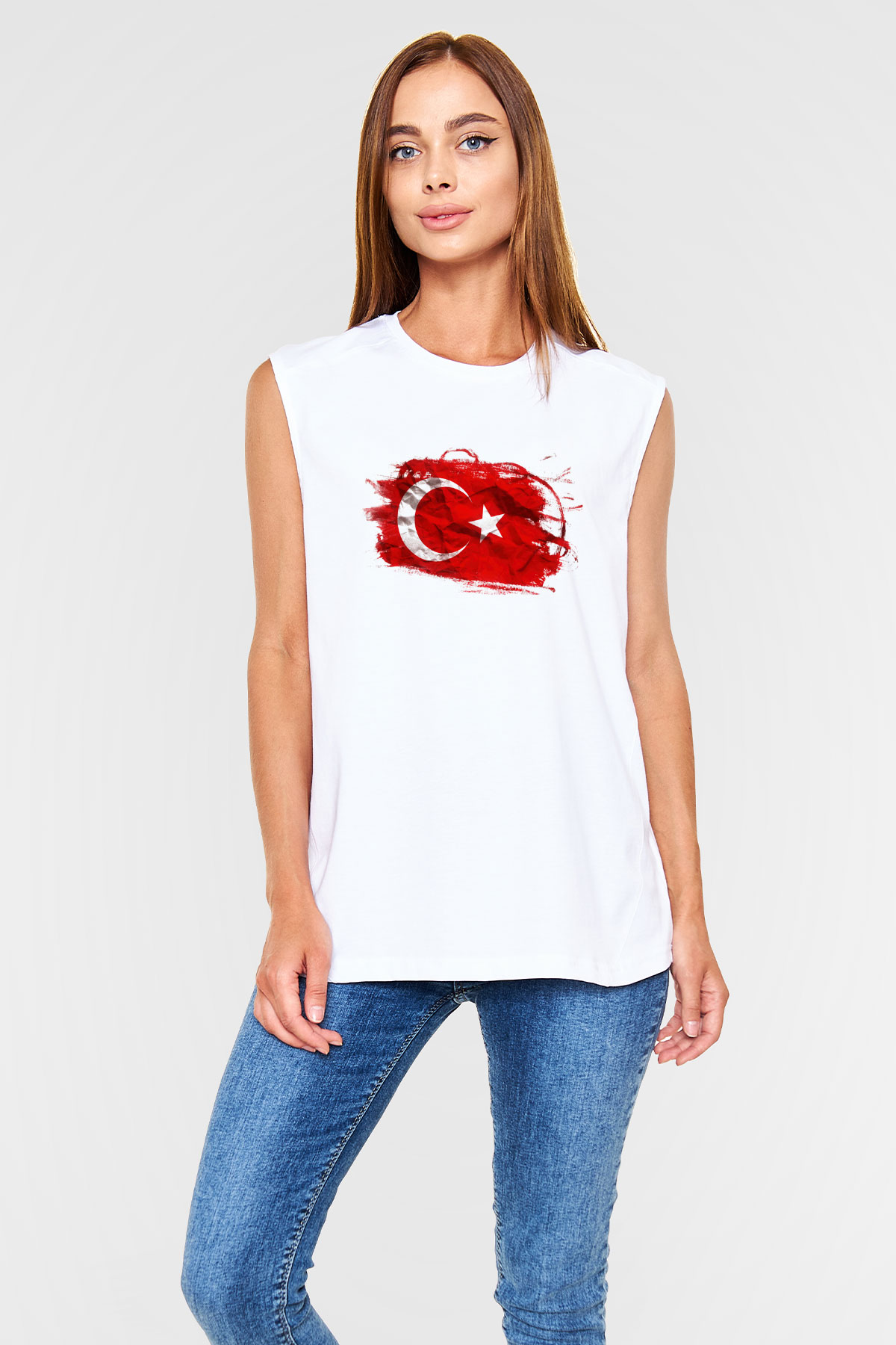 Türkiye Beyaz Unisex Kolsuz Tişört
