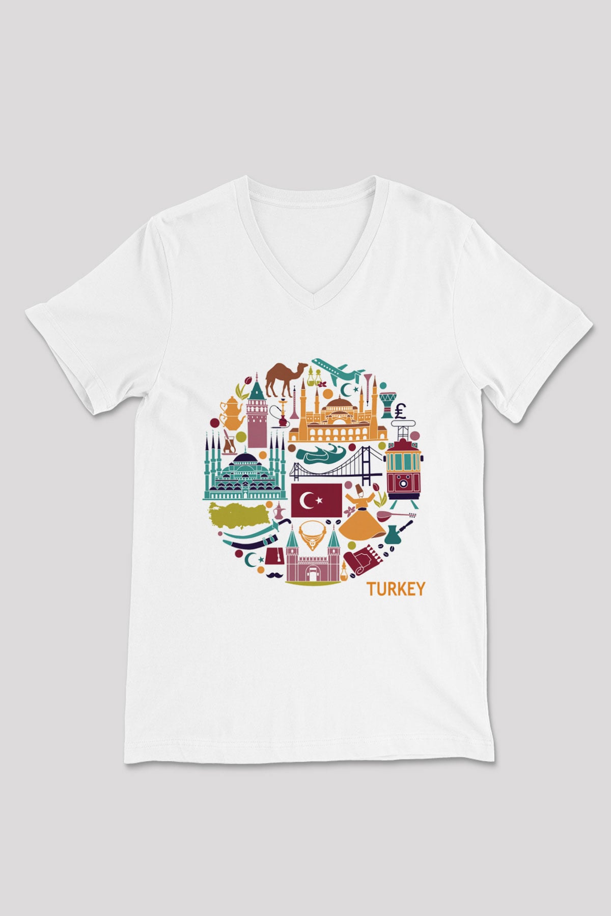 Türkiye Beyaz Unisex V Yaka Tişört T-Shirt