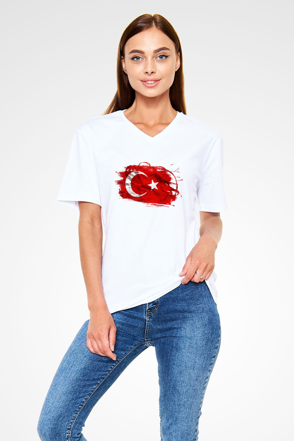 Türkiye Beyaz Unisex V Yaka Tişört T-Shirt