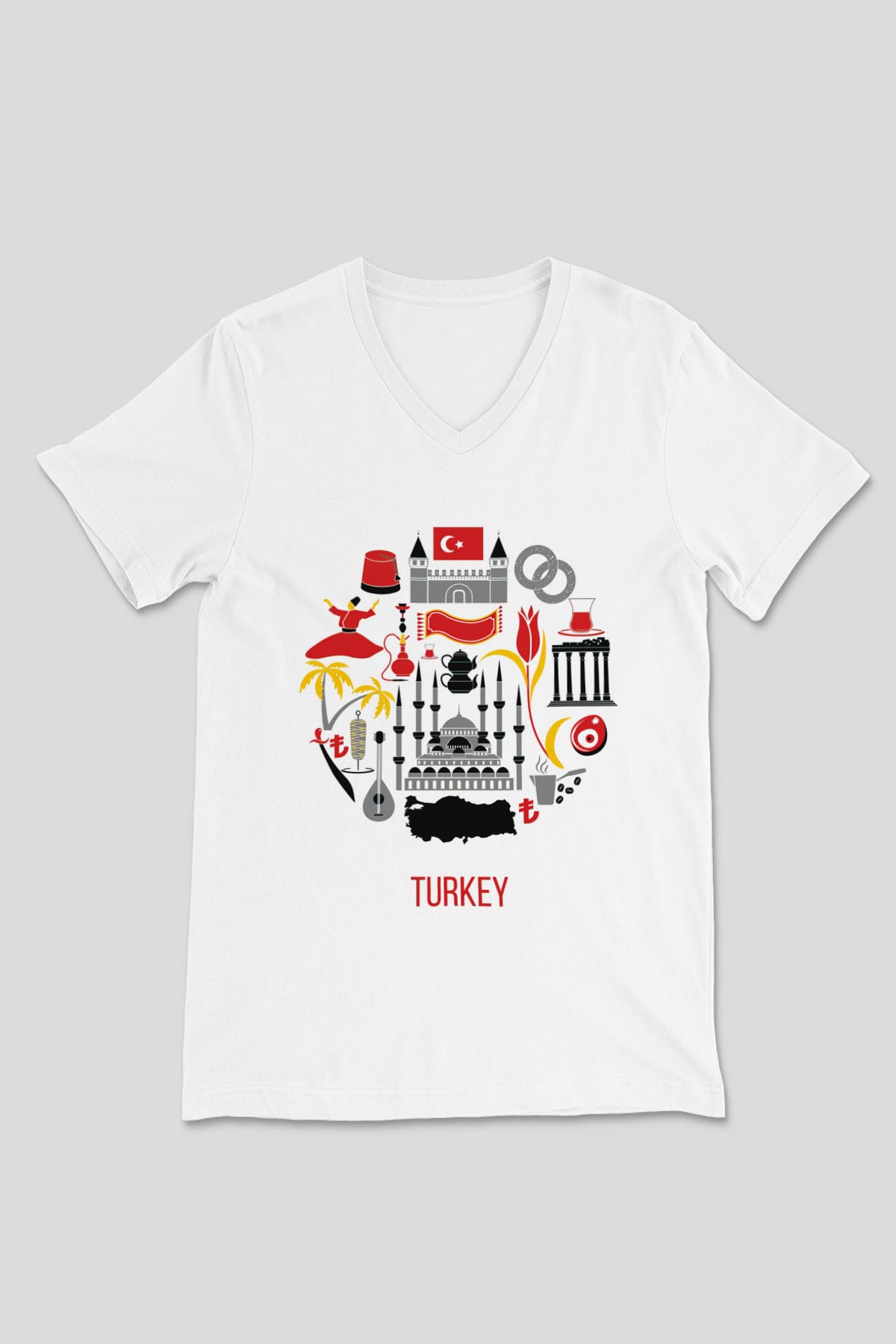 Türkiye Beyaz Unisex V Yaka Tişört T-Shirt
