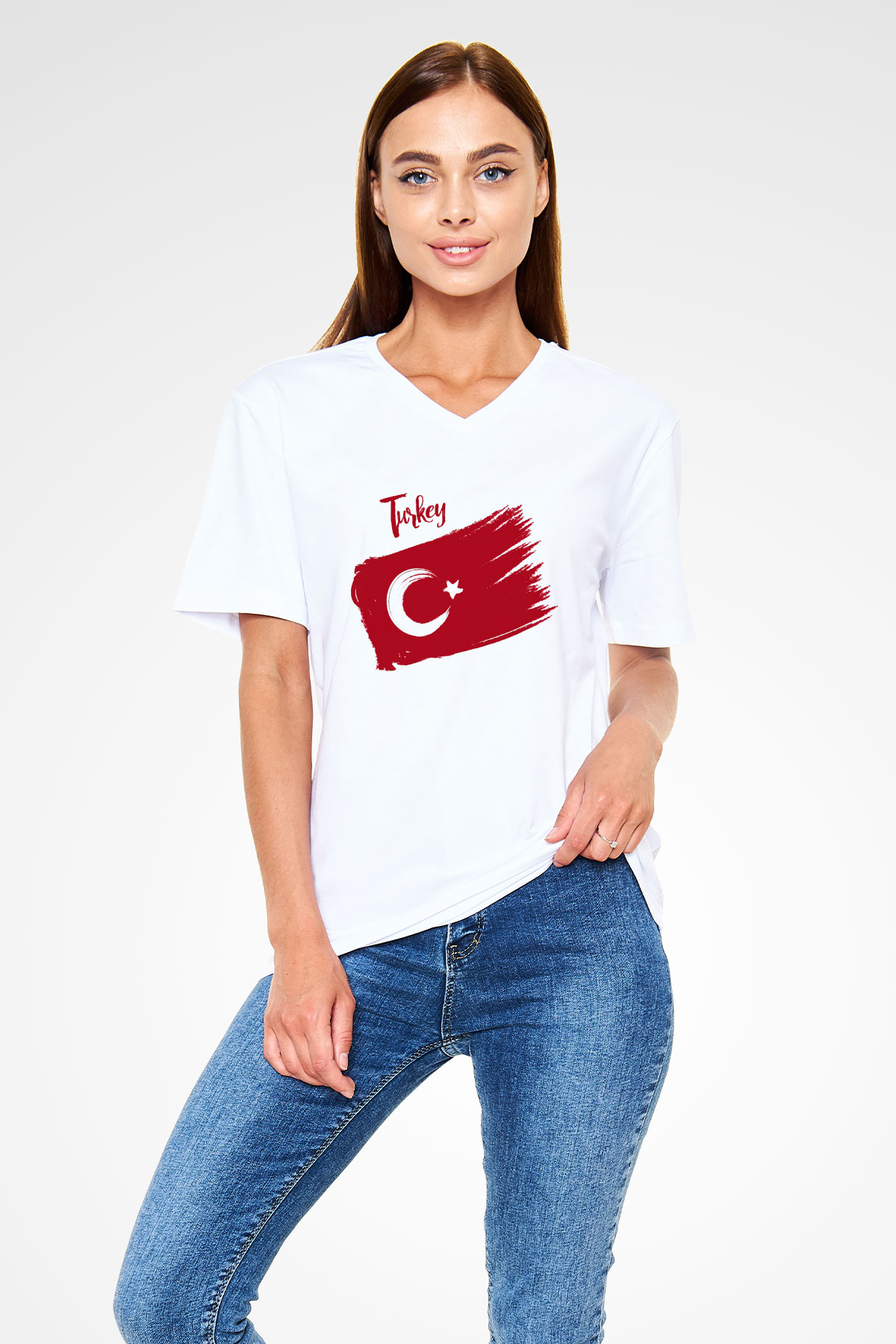 Türkiye Beyaz Unisex V Yaka Tişört T-Shirt