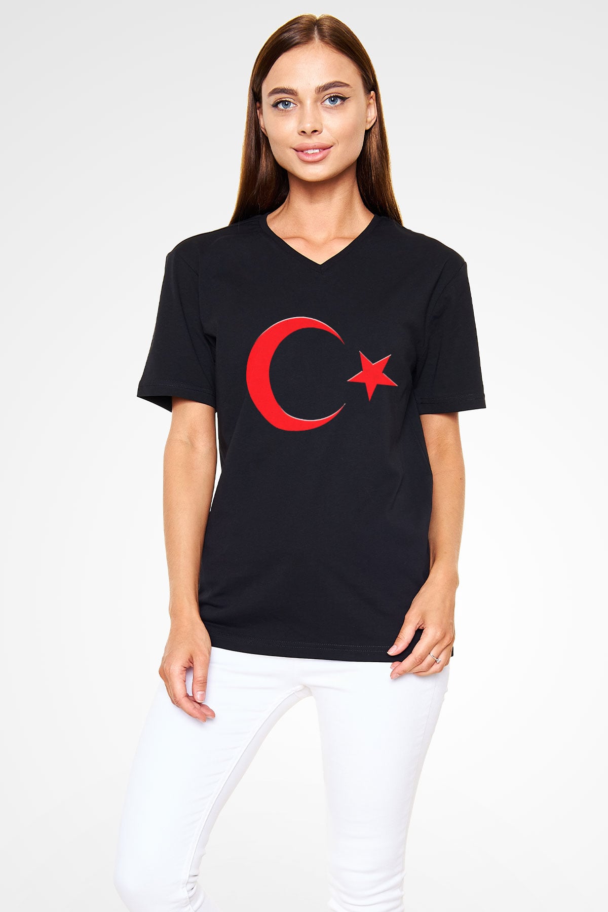 Türkiye Siyah Unisex V Yaka Tişört