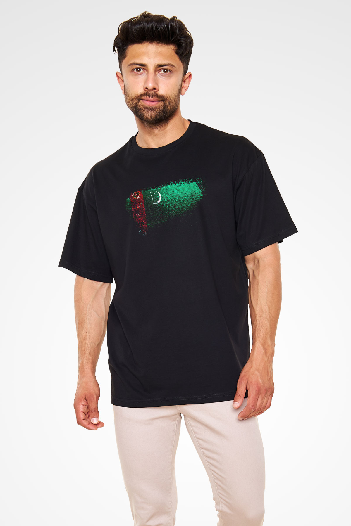 Türkmenistan - Turkmenistan Bayrağı Baskılı Unisex Siyah Oversize Tişört
