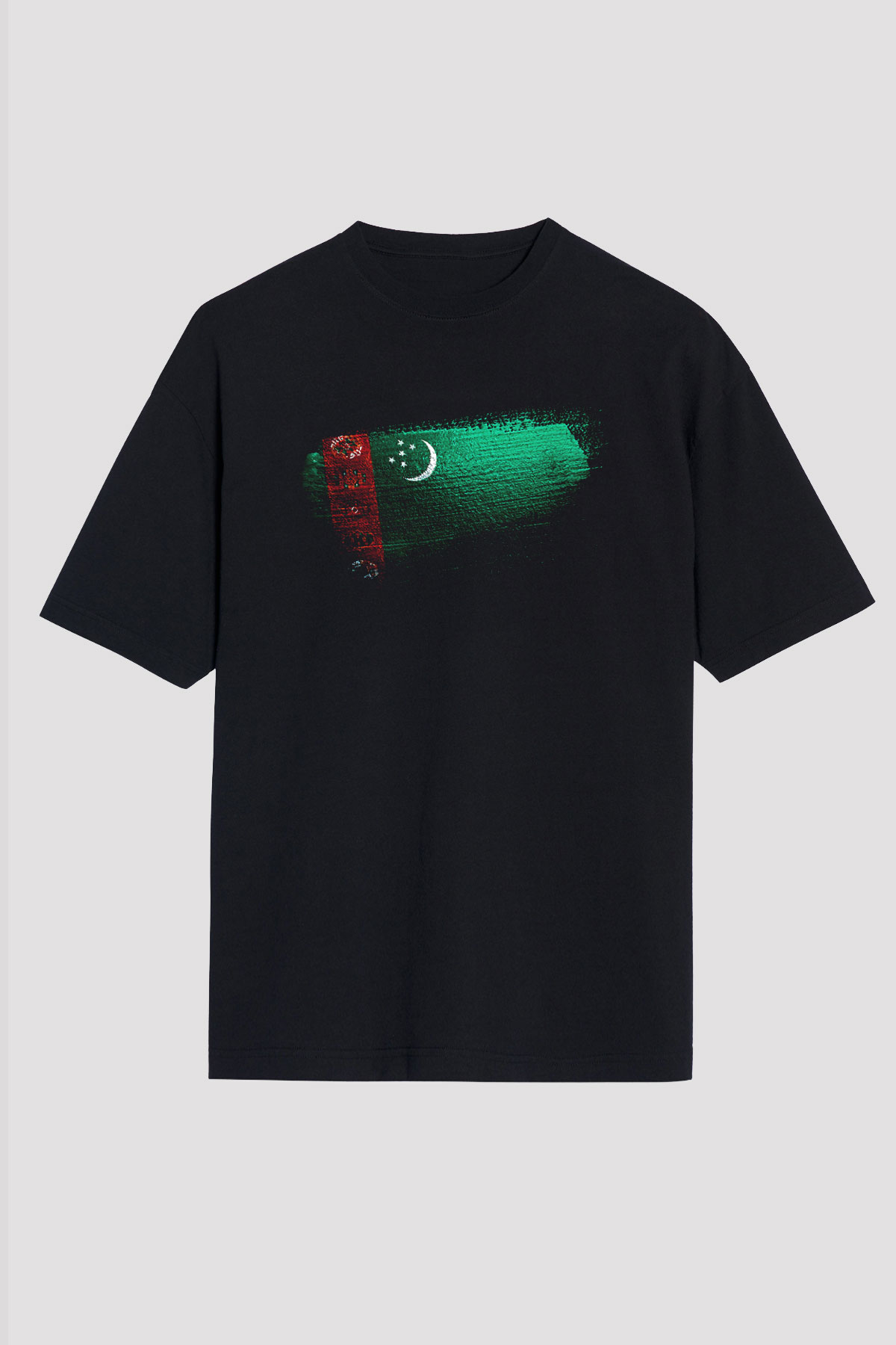 Türkmenistan - Turkmenistan Bayrağı Baskılı Unisex Siyah Oversize Tişört