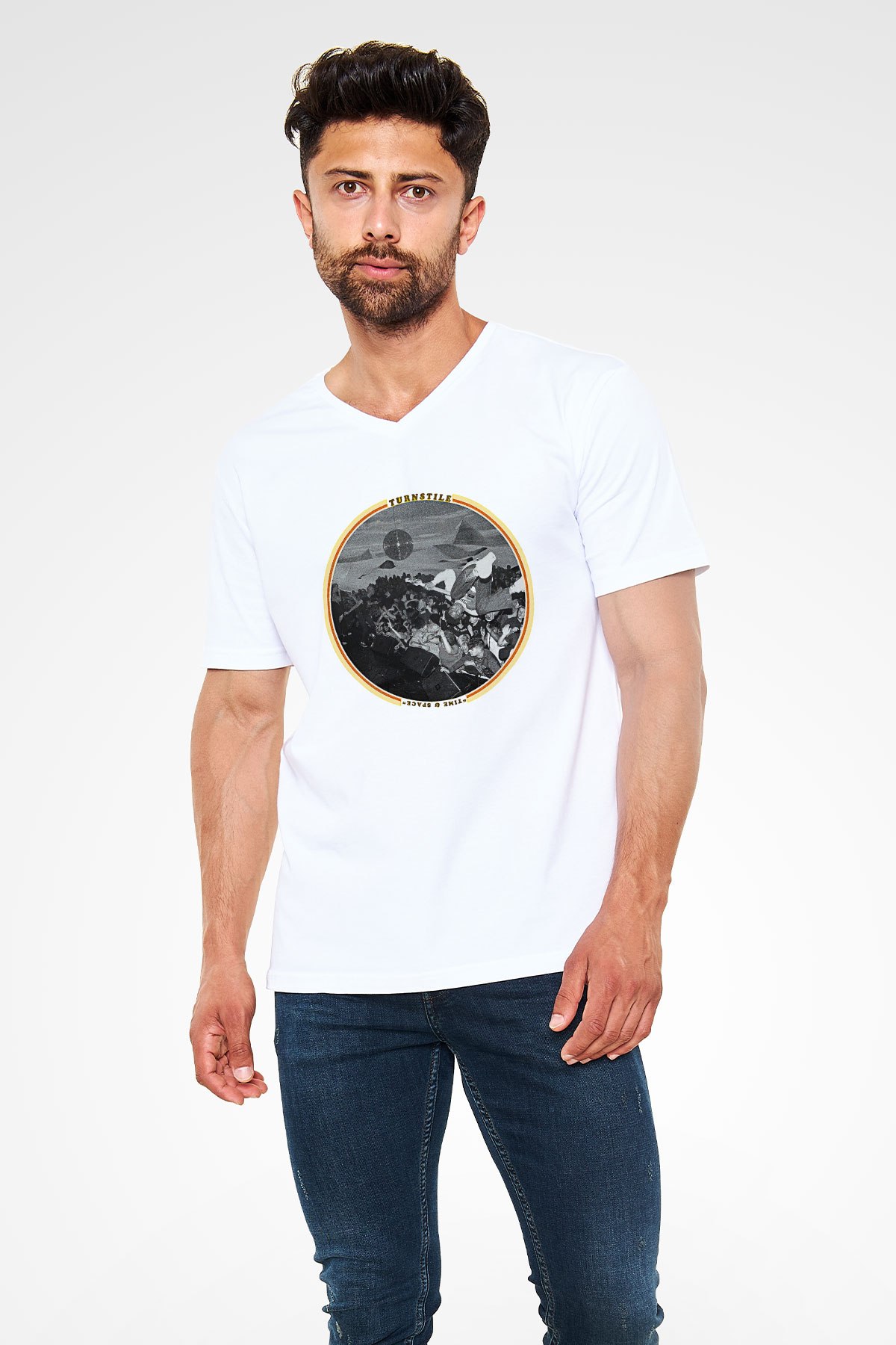 Turnstile Baskılı Beyaz Unisex V Yaka Tişört - Tshirt