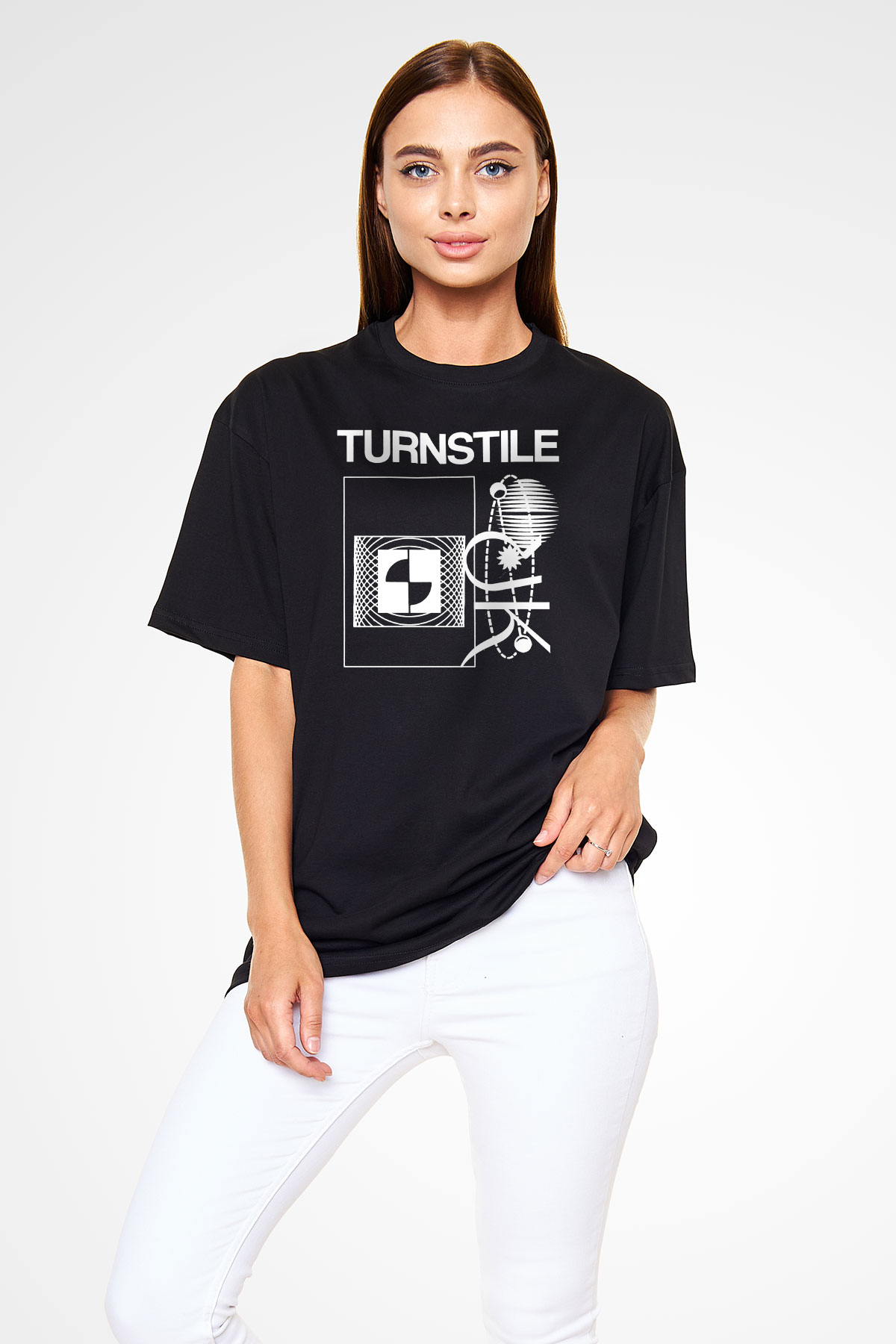 Turnstile Baskılı Unisex Siyah Oversize Tişört - Tshirt