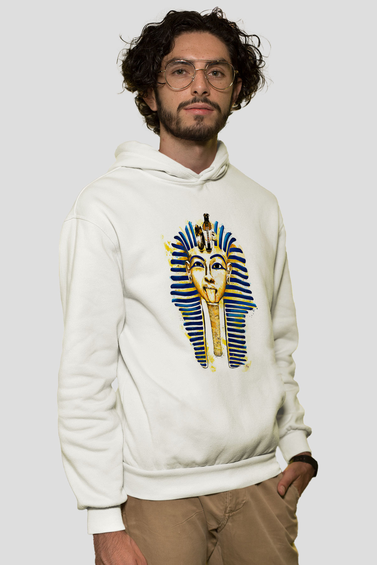 Tutankhamun Baskılı Beyaz Unisex Hoodie