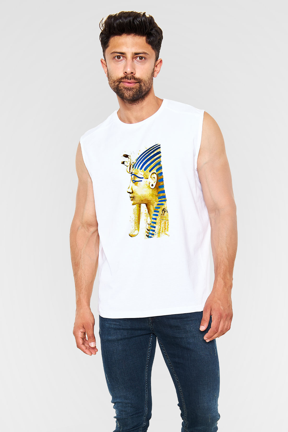 Tutankhamun Baskılı Beyaz Unisex Kolsuz Tişört - Tshirt