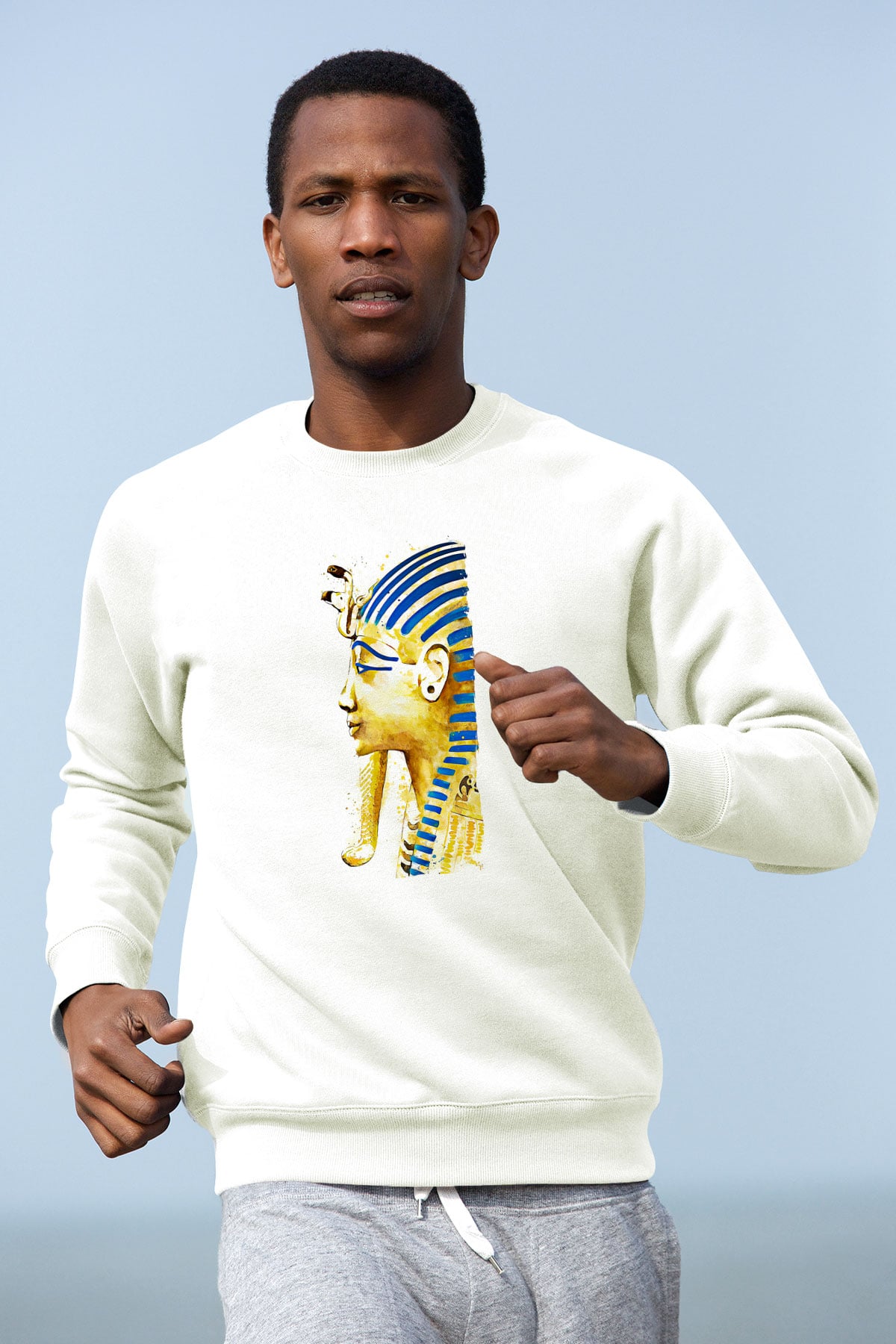 Tutankhamun Baskılı Beyaz Unisex Sweatshirt