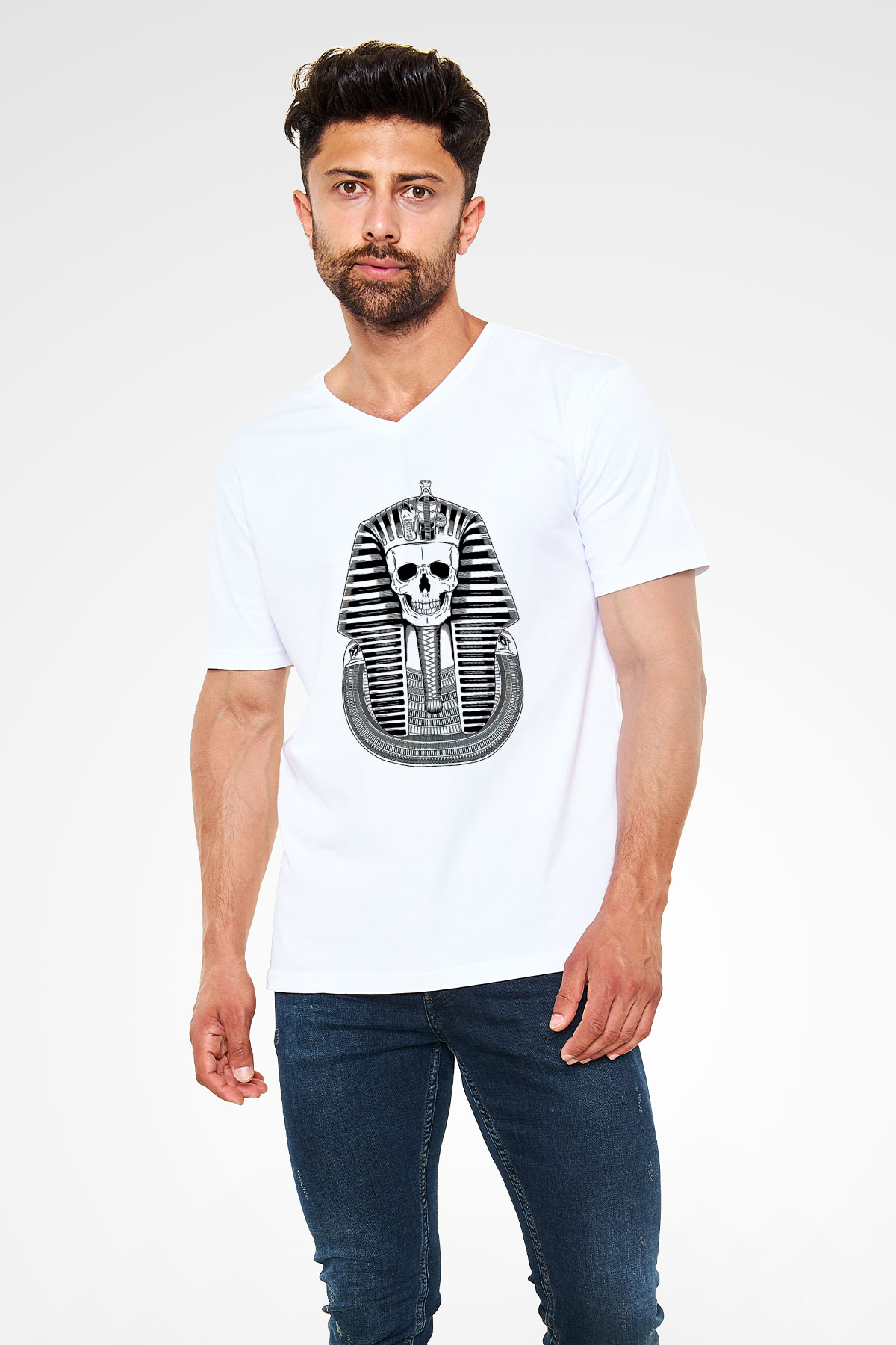 Tutankhamun Baskılı Beyaz Unisex V Yaka Tişört - Tshirt
