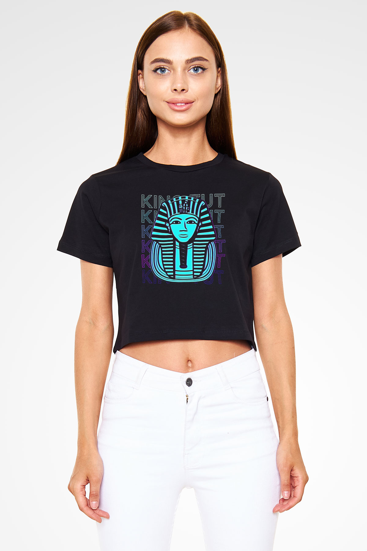 Tutankhamun Baskılı Siyah Crop Top Kadın Tişört - Tshirt