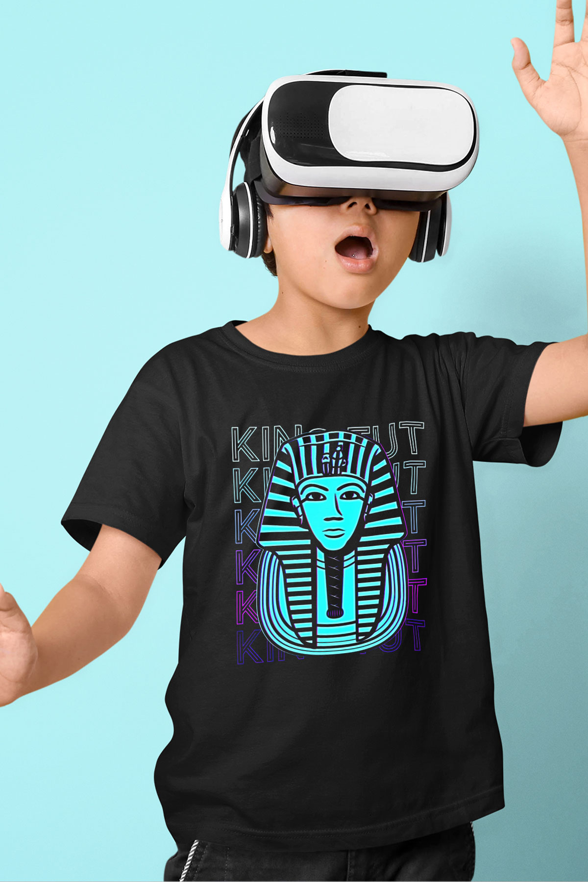 Tutankhamun Baskılı Unisex Siyah Çocuk Tişört - Tshirt