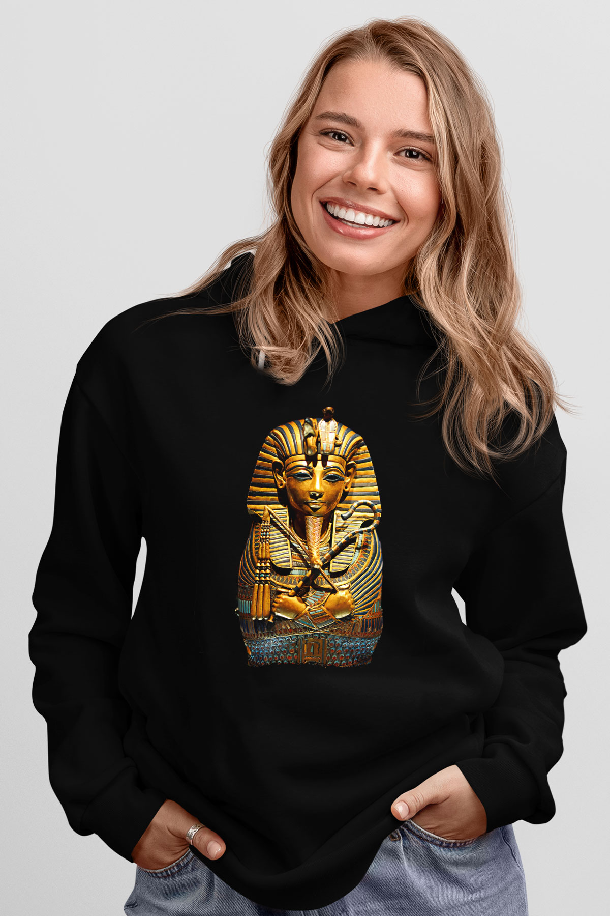 Tutankhamun Baskılı Unisex Siyah Hoodie
