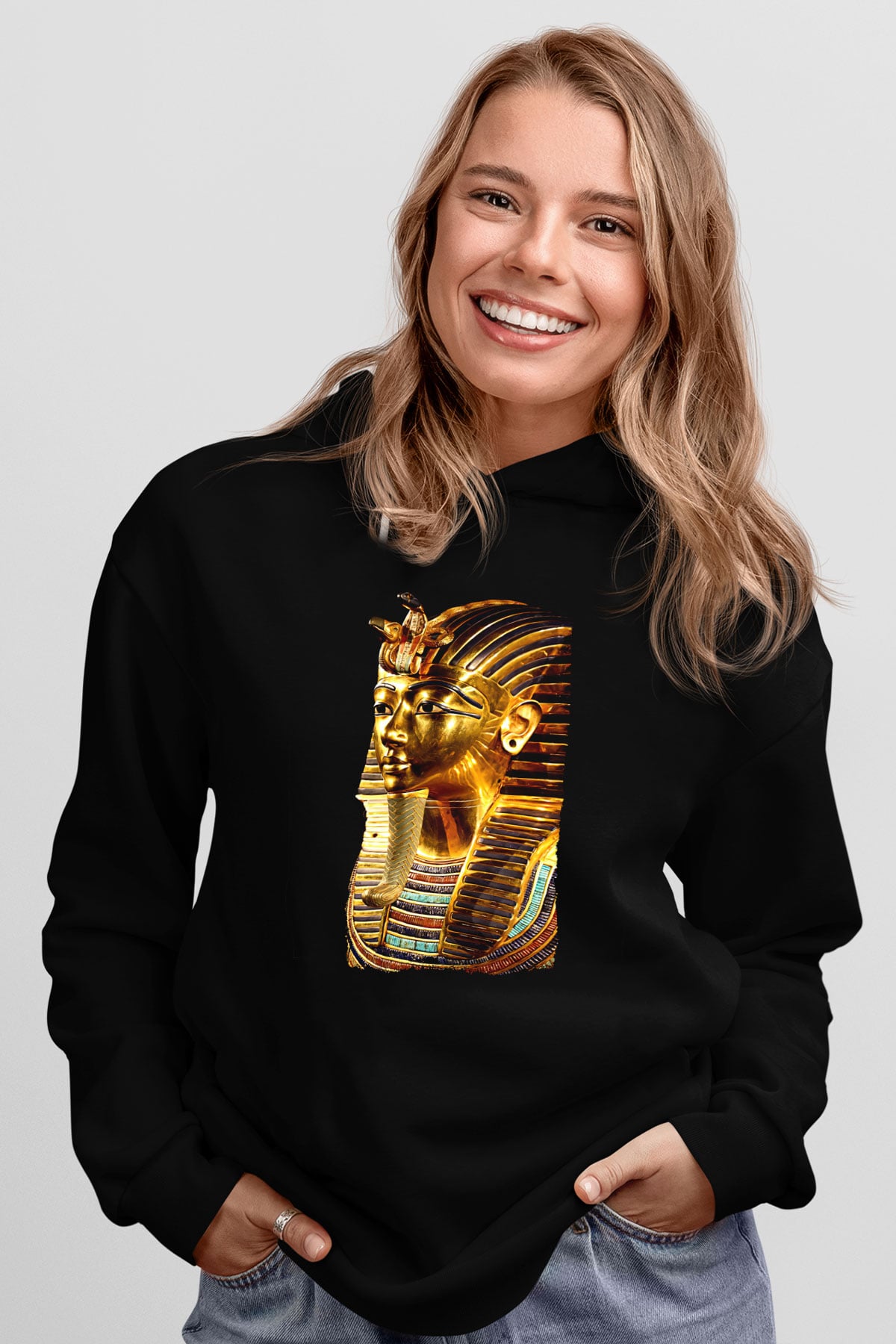 Tutankhamun Baskılı Unisex Siyah Hoodie